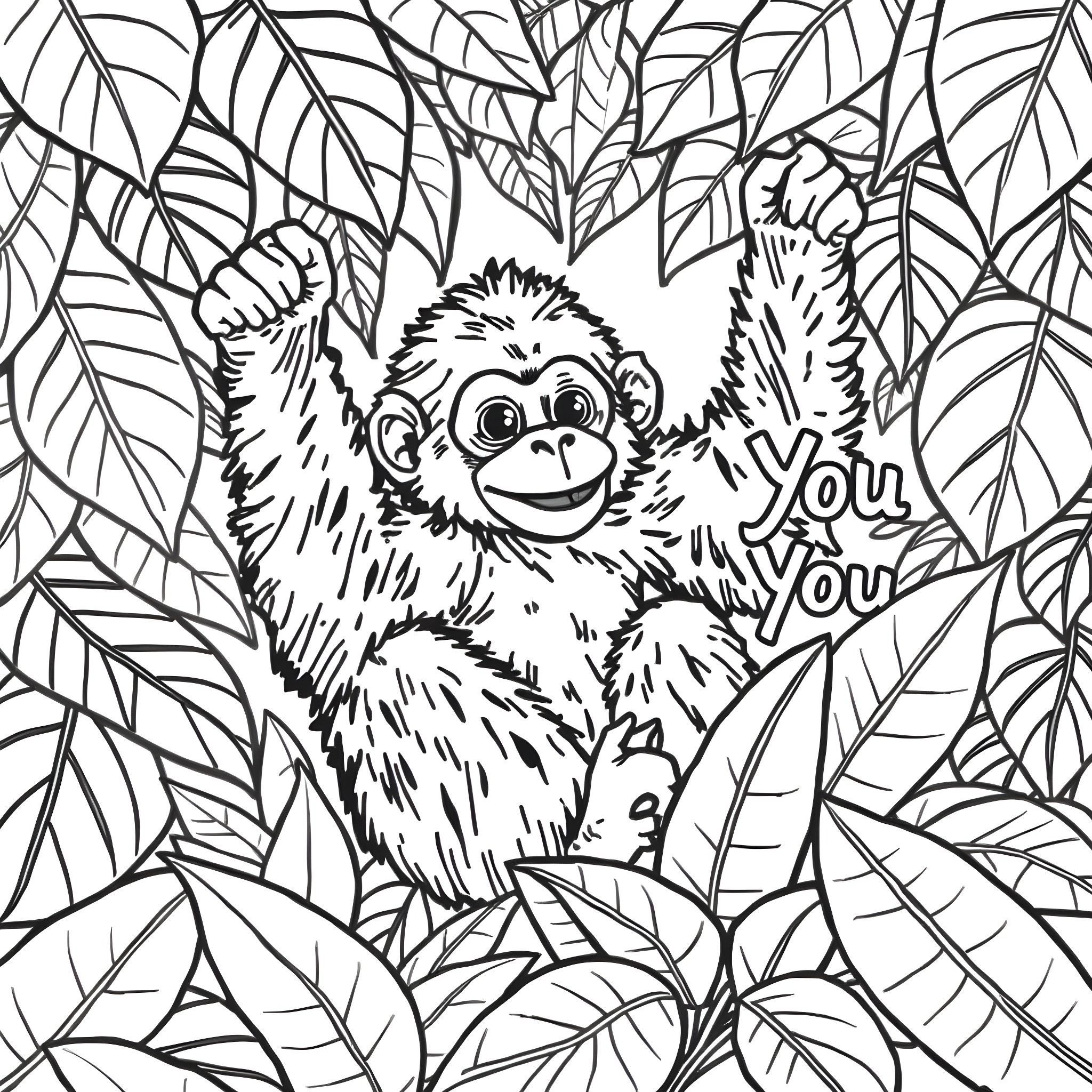 Baby Orangutan Playfully Exploring Lush Jungle Foliage Coloring Page (free black-and-white line drawing printable PDF for all, from beginners to advanced learners, including children, teens, adults, and seniors)