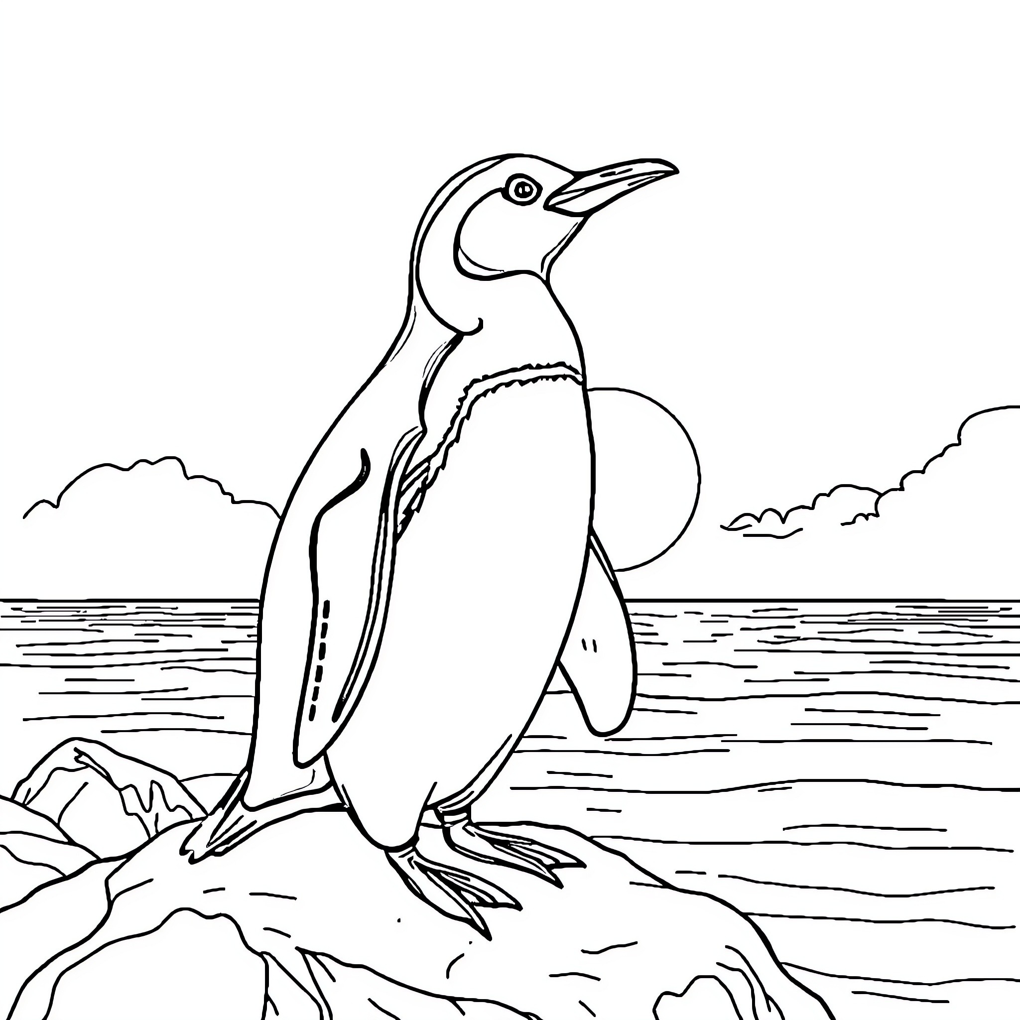 Penguin standing on a rock by the ocean Coloring Page (free black-and-white line drawing printable PDF for all, from beginners to advanced learners, including children, teens, adults, and seniors)