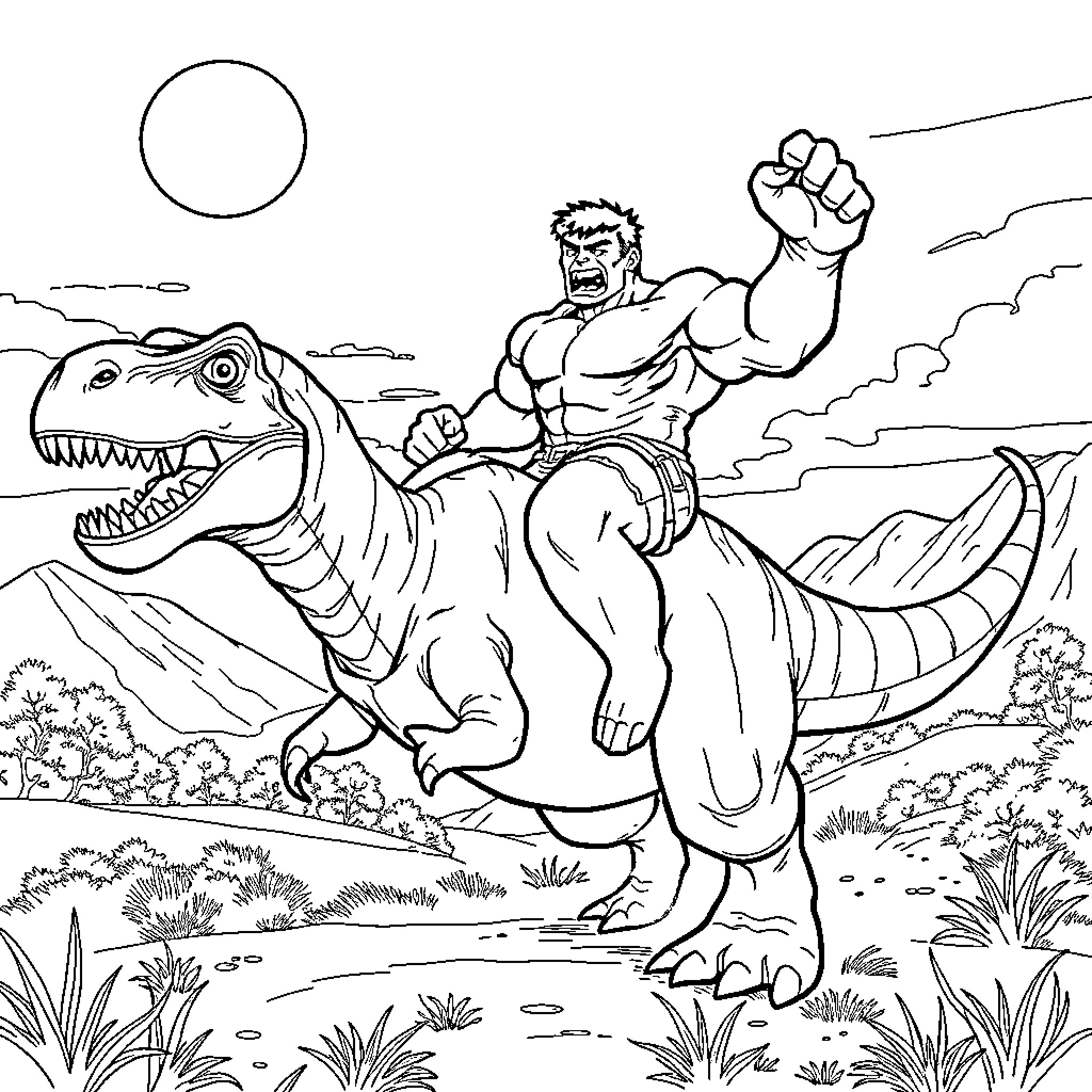 Hulk riding a powerful dinosaur in the wild Coloring Page (free black-and-white line drawing printable PDF for all, from beginners to advanced learners, including children, teens, adults, and seniors)