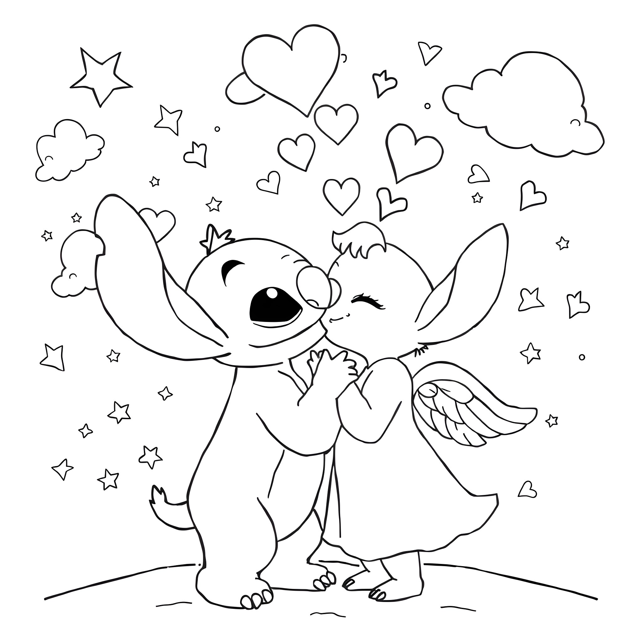 Stitch hugging and kissing an angel Coloring Page (free black-and-white line drawing printable PDF for all, from beginners to advanced learners, including children, teens, adults, and seniors)