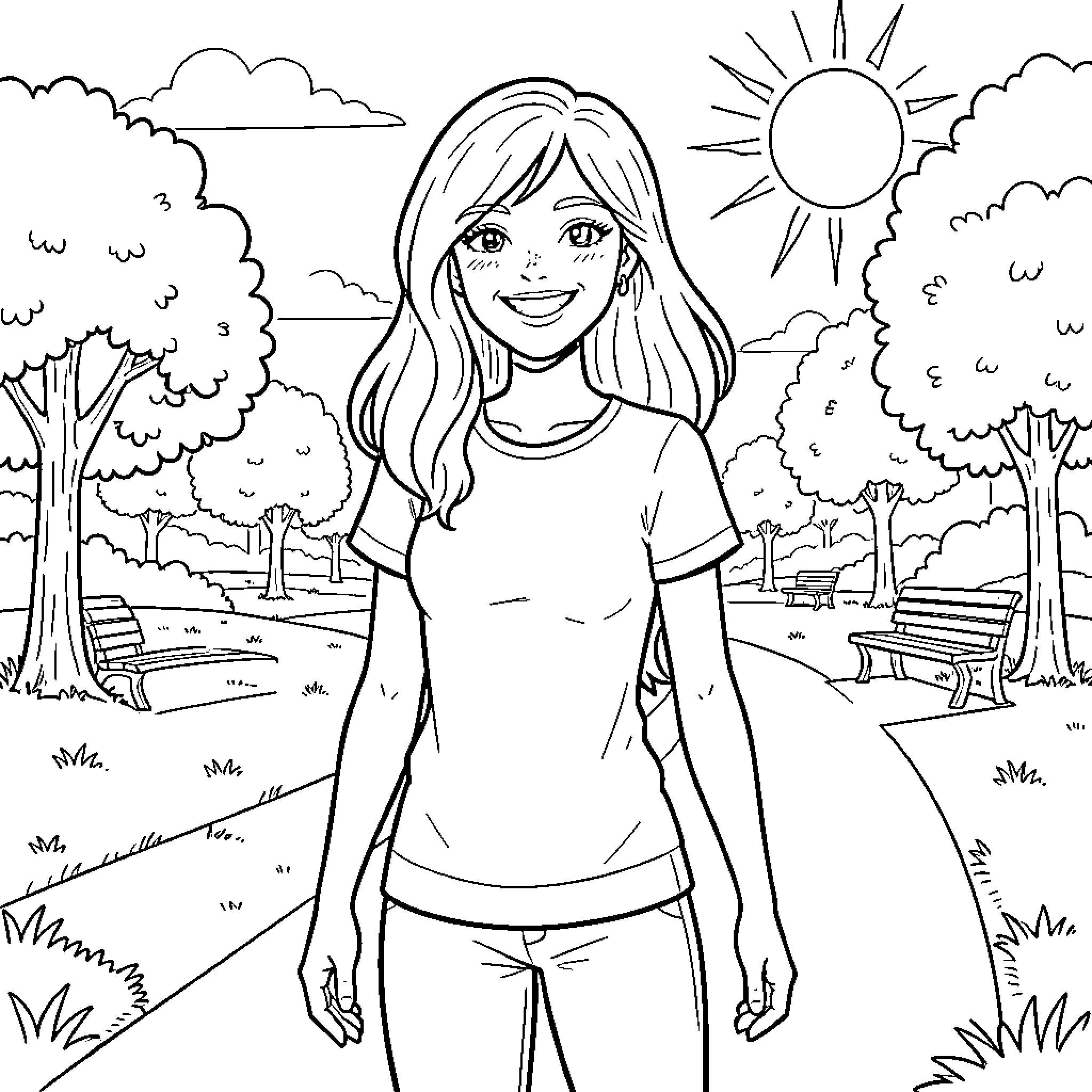 Jennefer smiling happily while walking through a sunny park Coloring Page (free black-and-white line drawing printable PDF for all, from beginners to advanced learners, including children, teens, adults, and seniors)
