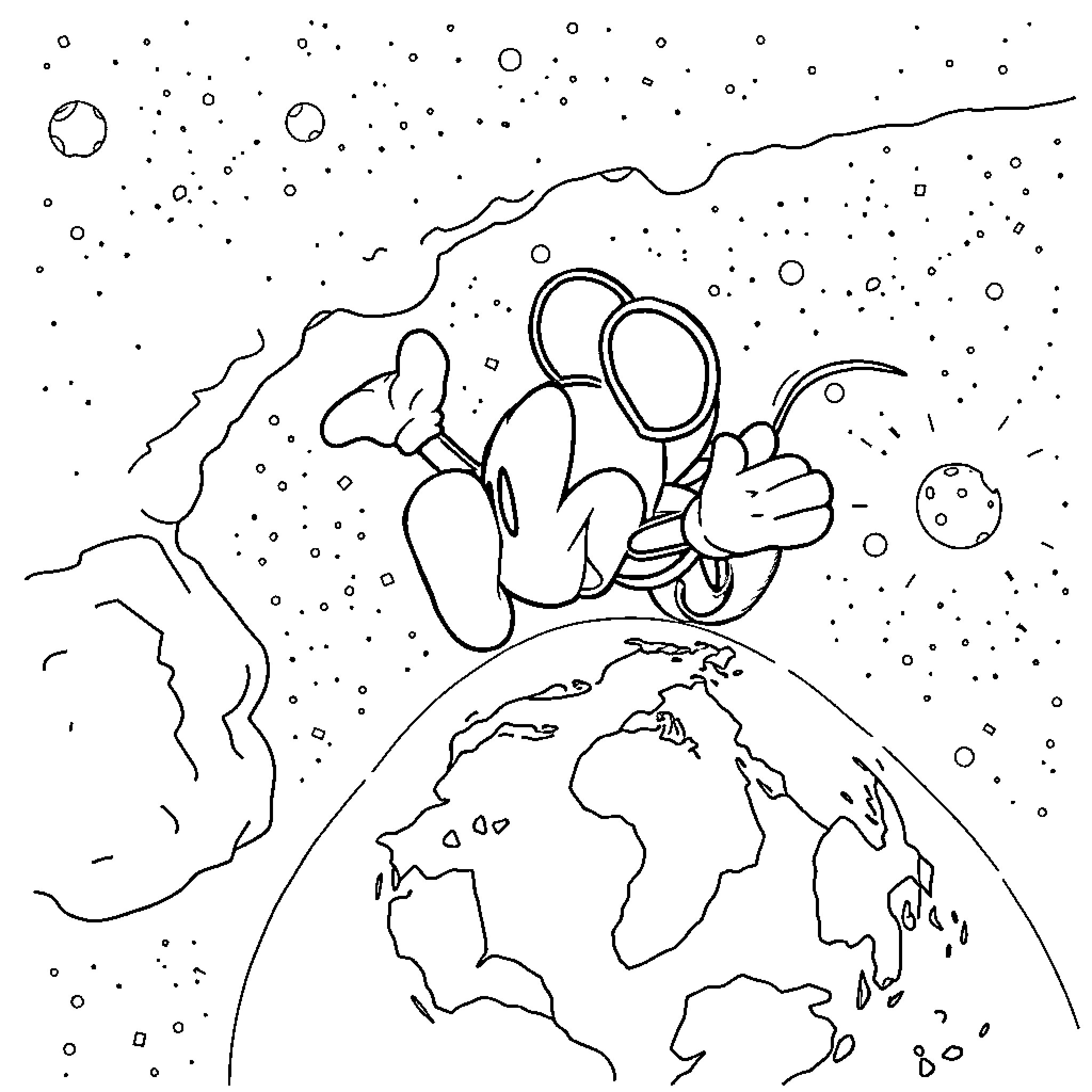Mickey exploring the wonders of the universe Coloring Page (free black-and-white line drawing printable PDF for all, from beginners to advanced learners, including children, teens, adults, and seniors)