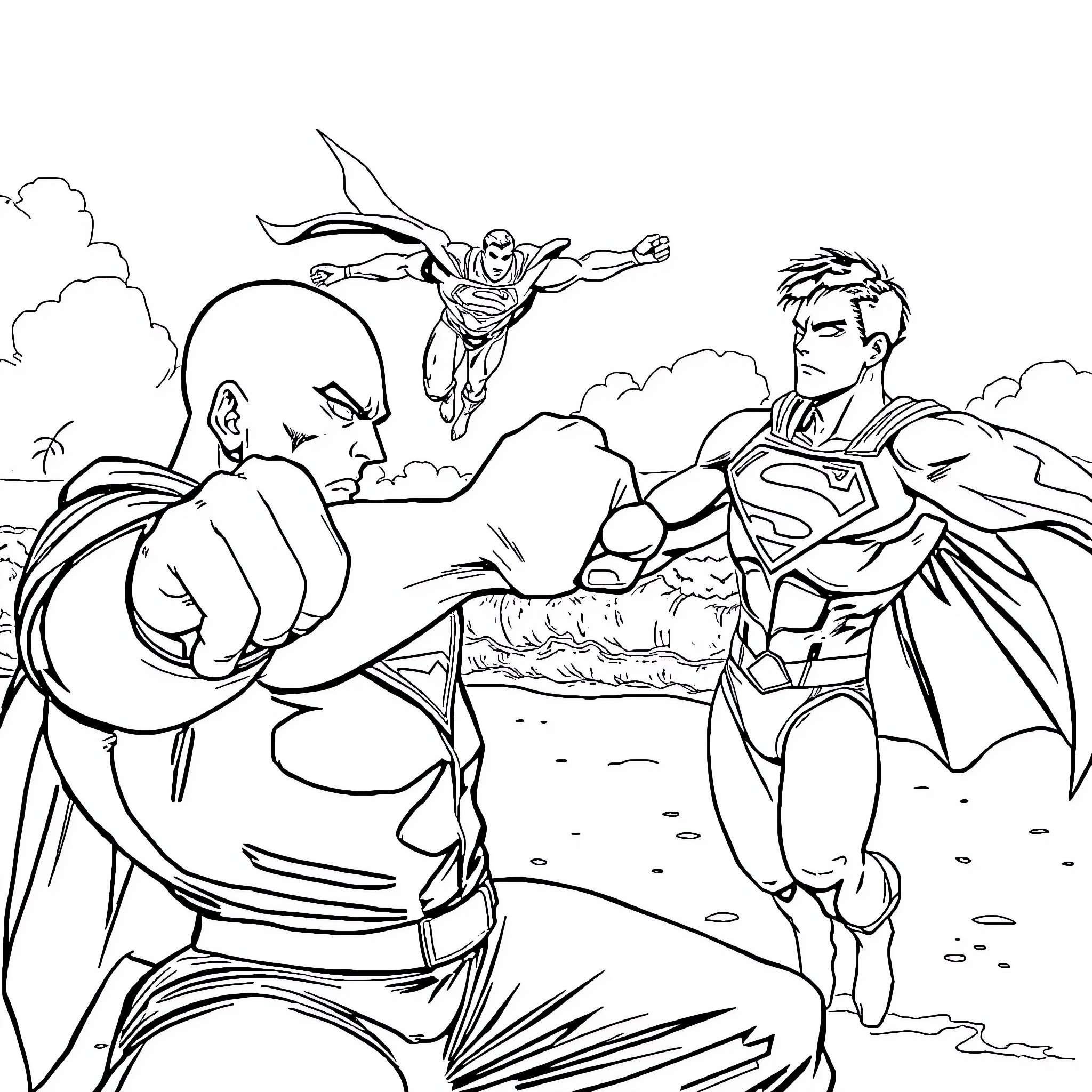 Saitama's heroic clash with a powerful foe Coloring Page (free black-and-white line drawing printable PDF for all, from beginners to advanced learners, including children, teens, adults, and seniors)