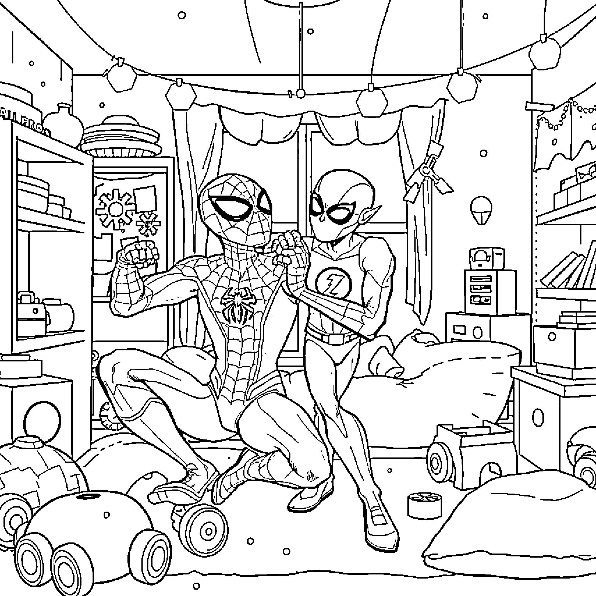 Spider-Man and Spider-Man Junior battling in the workshop Coloring Page (free black-and-white line drawing printable PDF for all, from beginners to advanced learners, including children, teens, adults, and seniors)