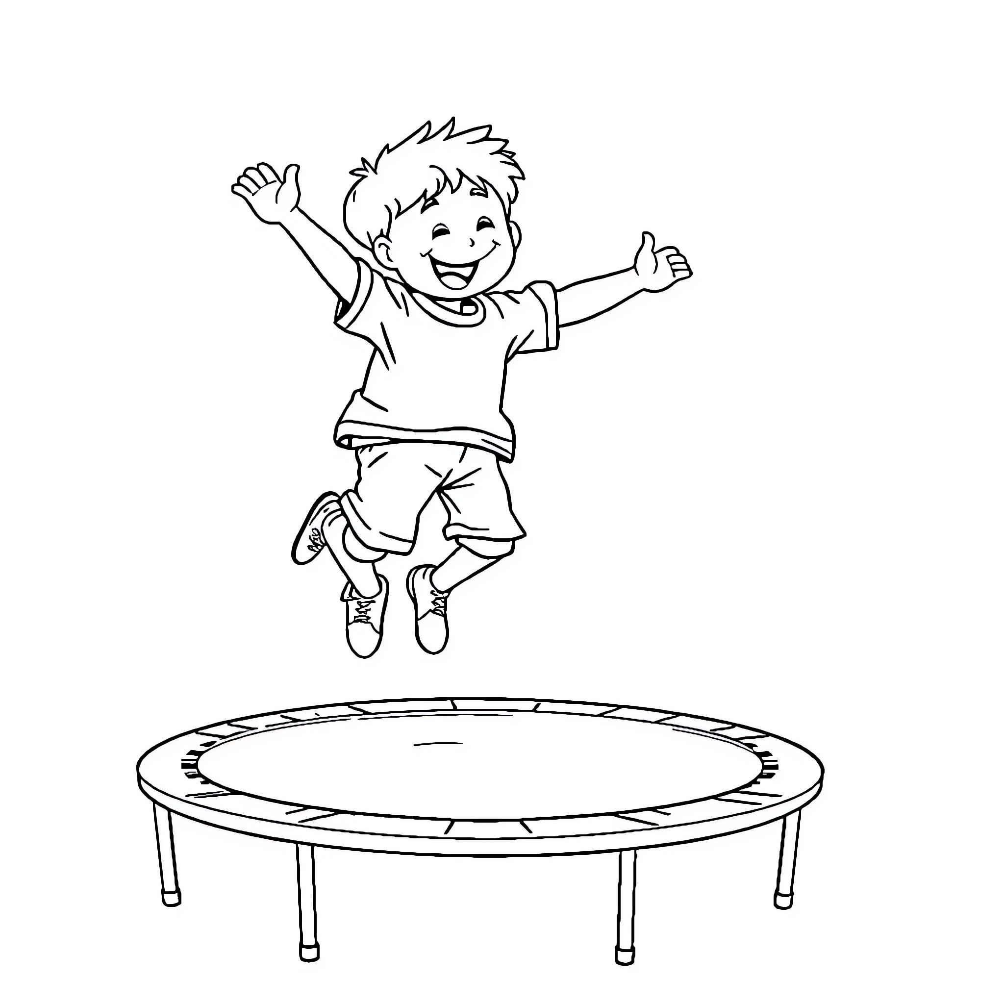 Trampoline fun with joyful boy Coloring Page (free black-and-white line drawing printable PDF for all, from beginners to advanced learners, including children, teens, adults, and seniors)