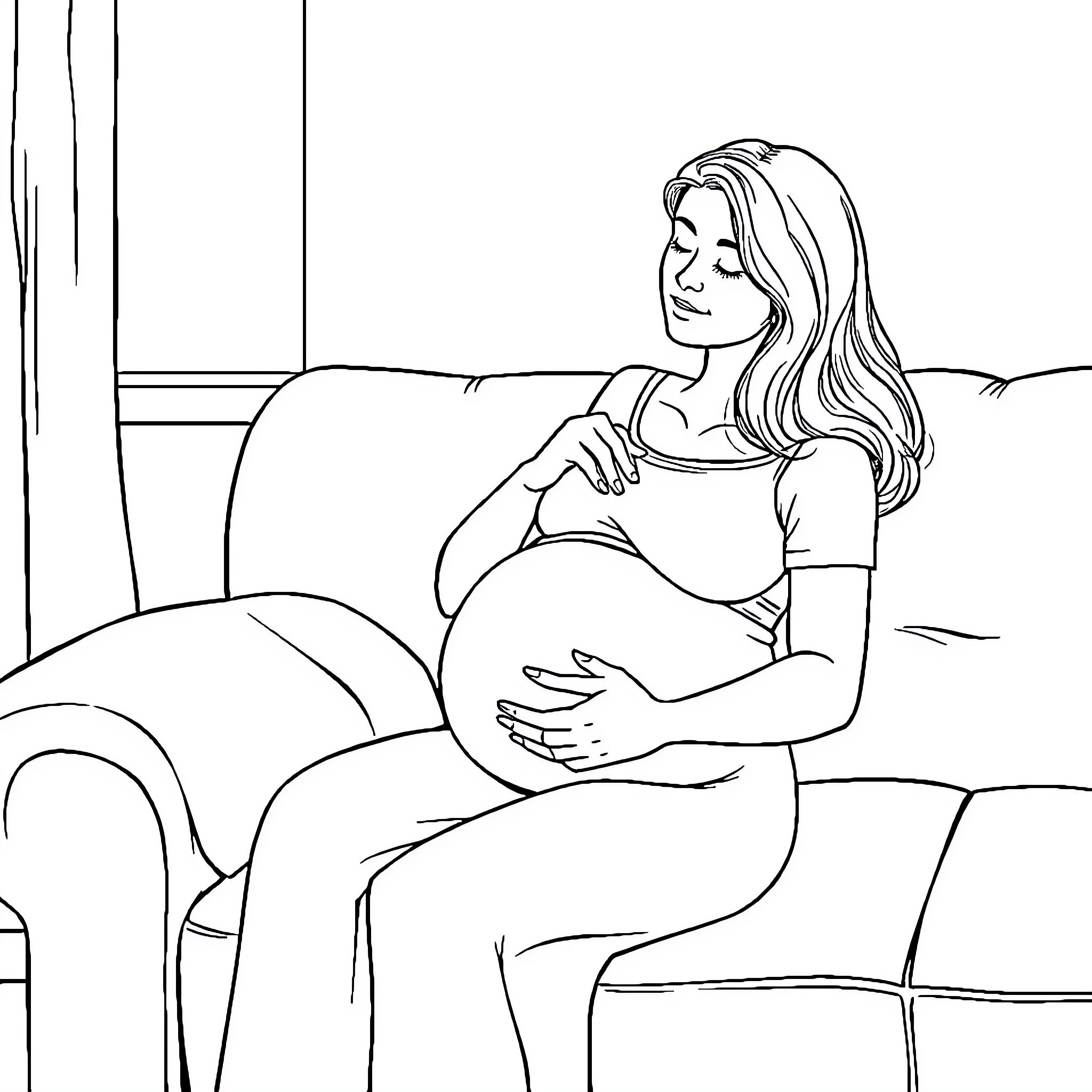 Mother enjoying a quiet moment at home Coloring Page (free black-and-white line drawing printable PDF for all, from beginners to advanced learners, including children, teens, adults, and seniors)