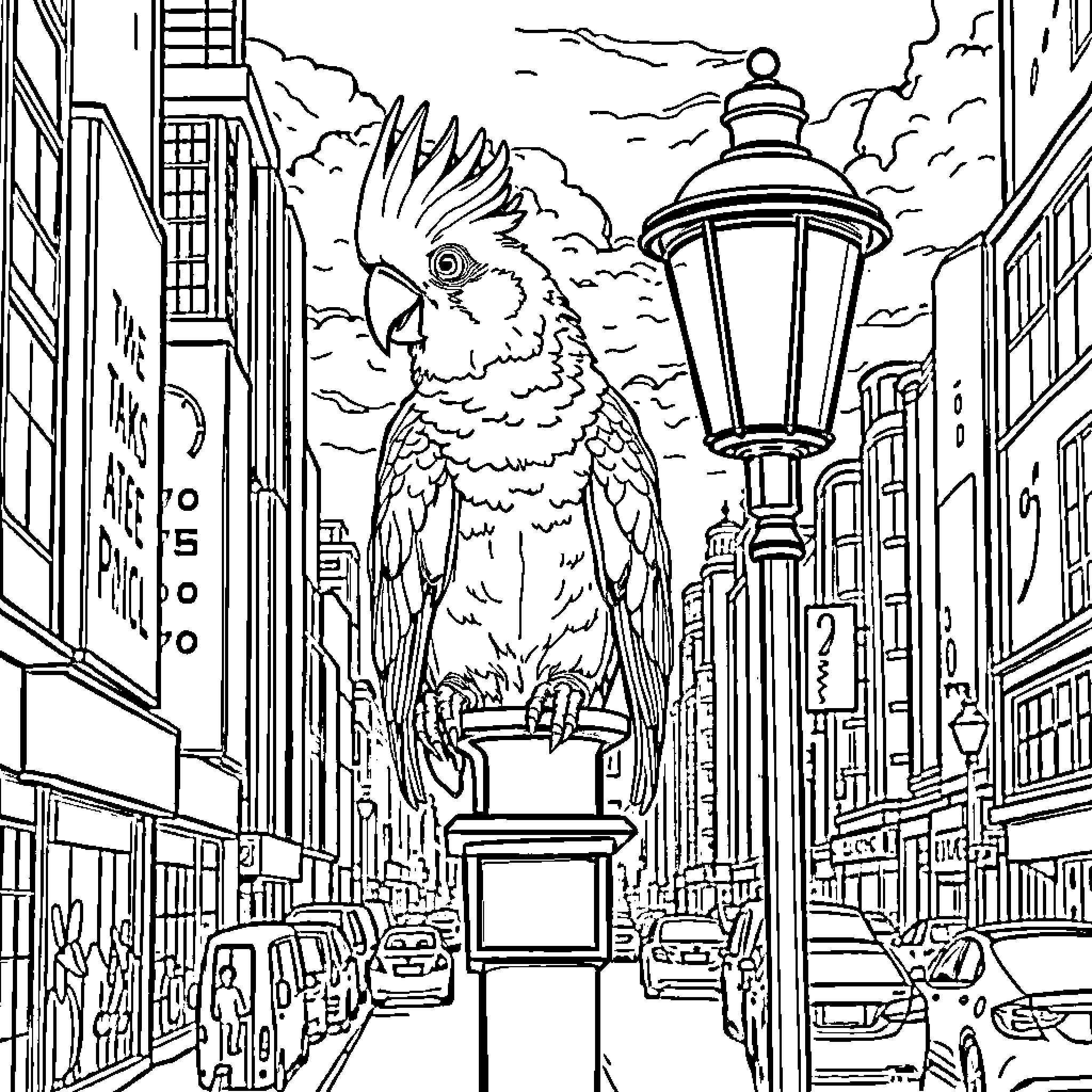 Cockatiel perched on lamp post in city street Coloring Page (free black-and-white line drawing printable PDF for all, from beginners to advanced learners, including children, teens, adults, and seniors)