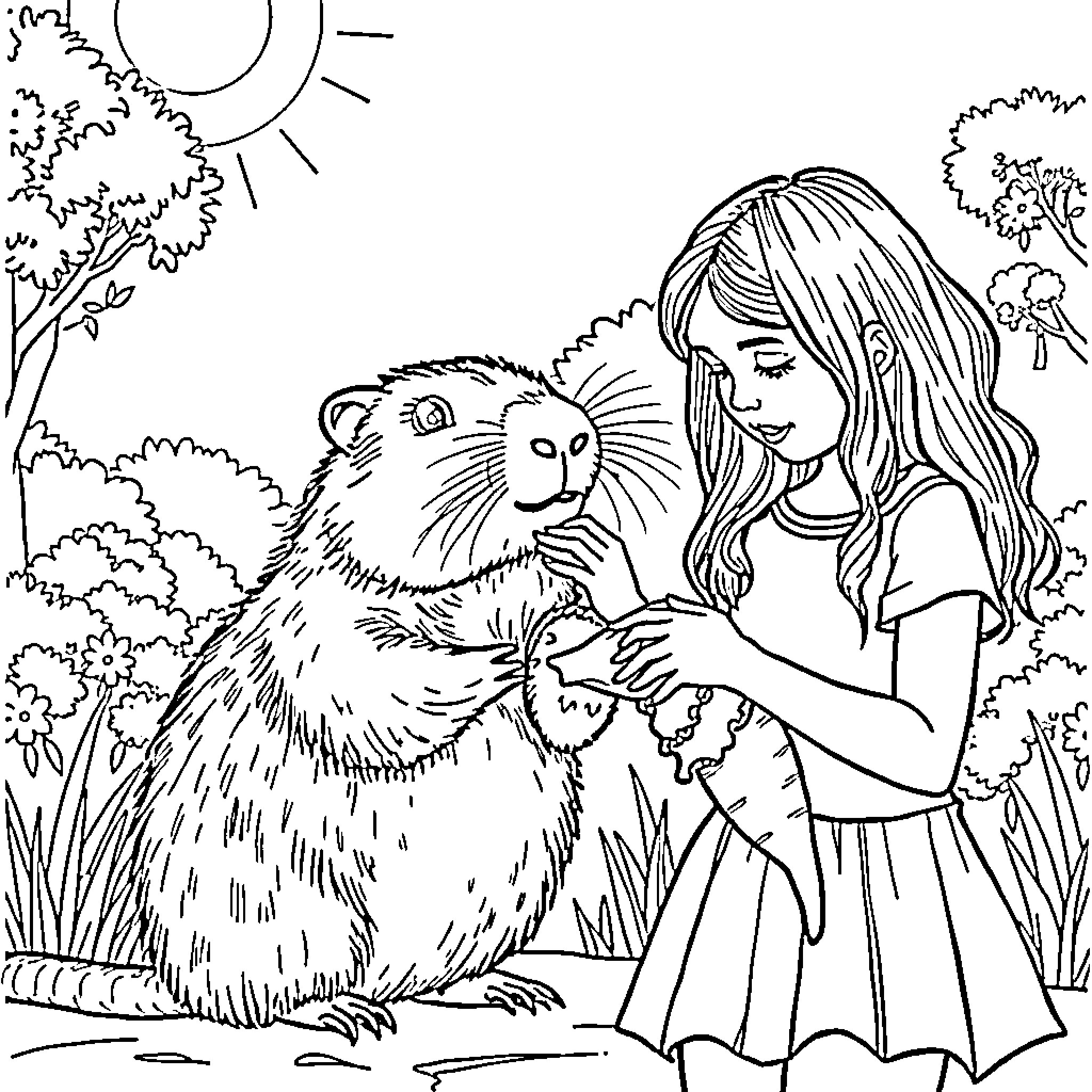 Girl interacting with a friendly groundhog in nature Coloring Page (free black-and-white line drawing printable PDF for all, from beginners to advanced learners, including children, teens, adults, and seniors)