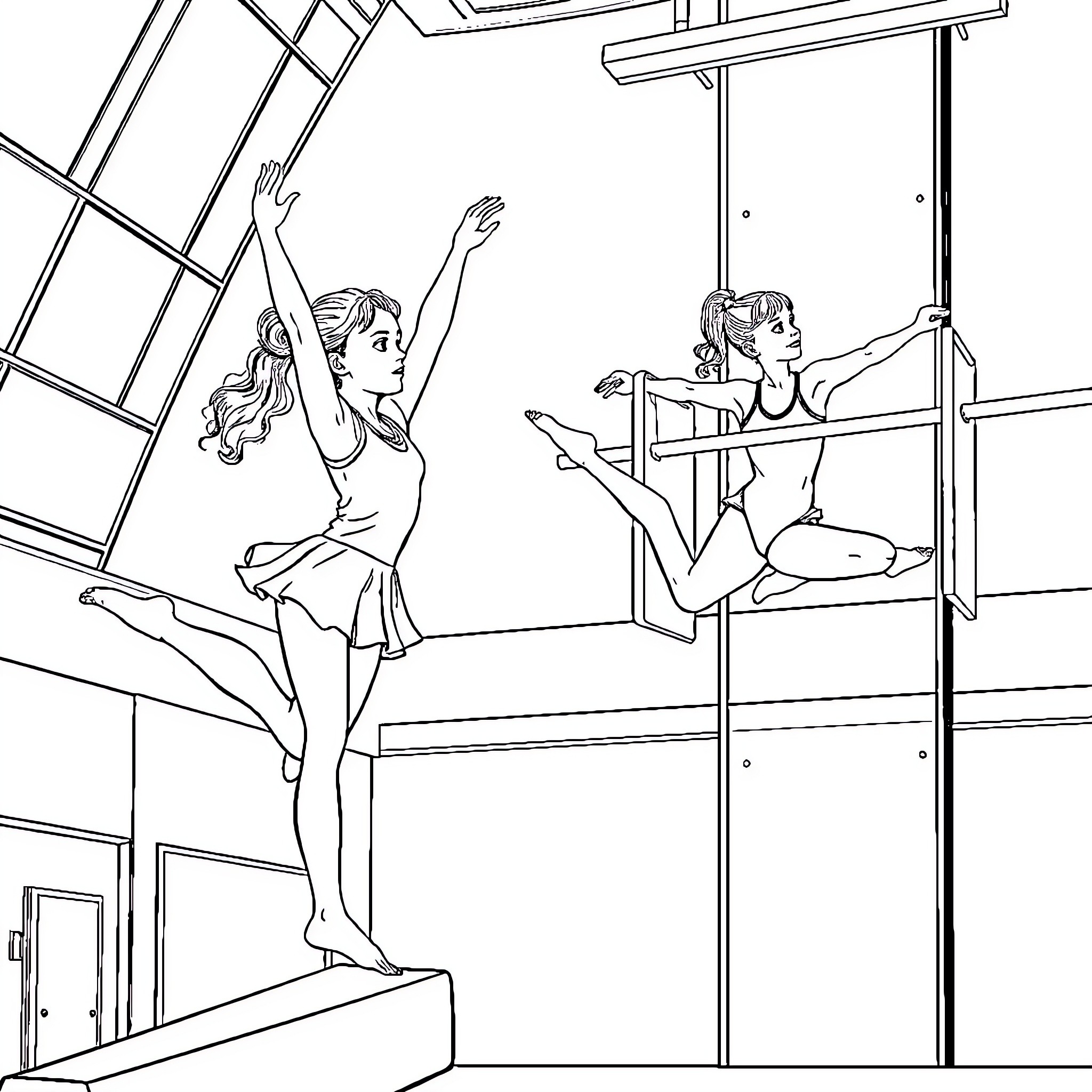 Girls Performing Gymnastic Routines on Uneven Bars Coloring Page (free black-and-white line drawing printable PDF for all, from beginners to advanced learners, including children, teens, adults, and seniors)