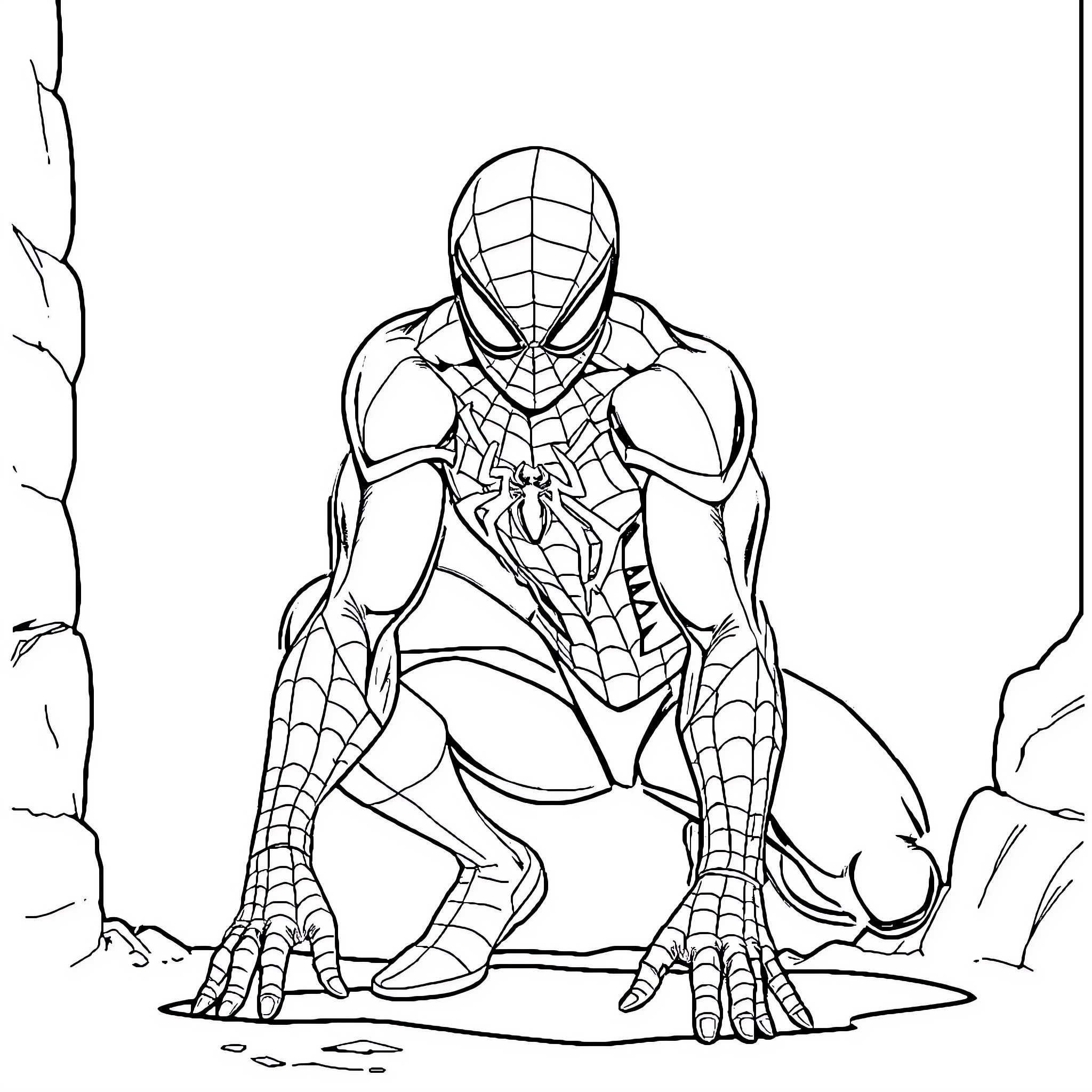 Spider-Man Crouching Heroically in Action-Packed Pose Coloring Page (free black-and-white line drawing printable PDF for all, from beginners to advanced learners, including children, teens, adults, and seniors)