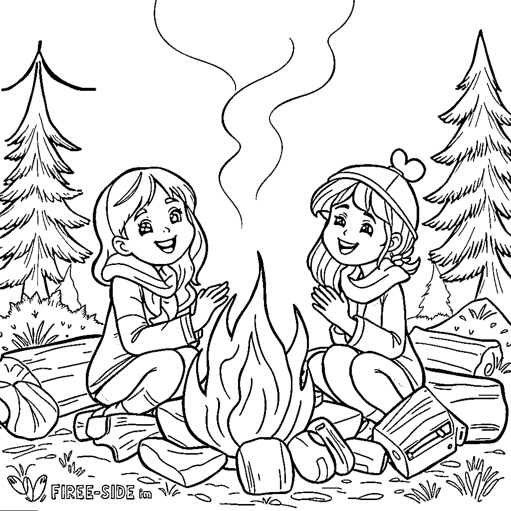 Fireside Girl Scouts Enjoy Outdoor Adventure Coloring Page (free black-and-white line drawing printable PDF for all, from beginners to advanced learners, including children, teens, adults, and seniors)