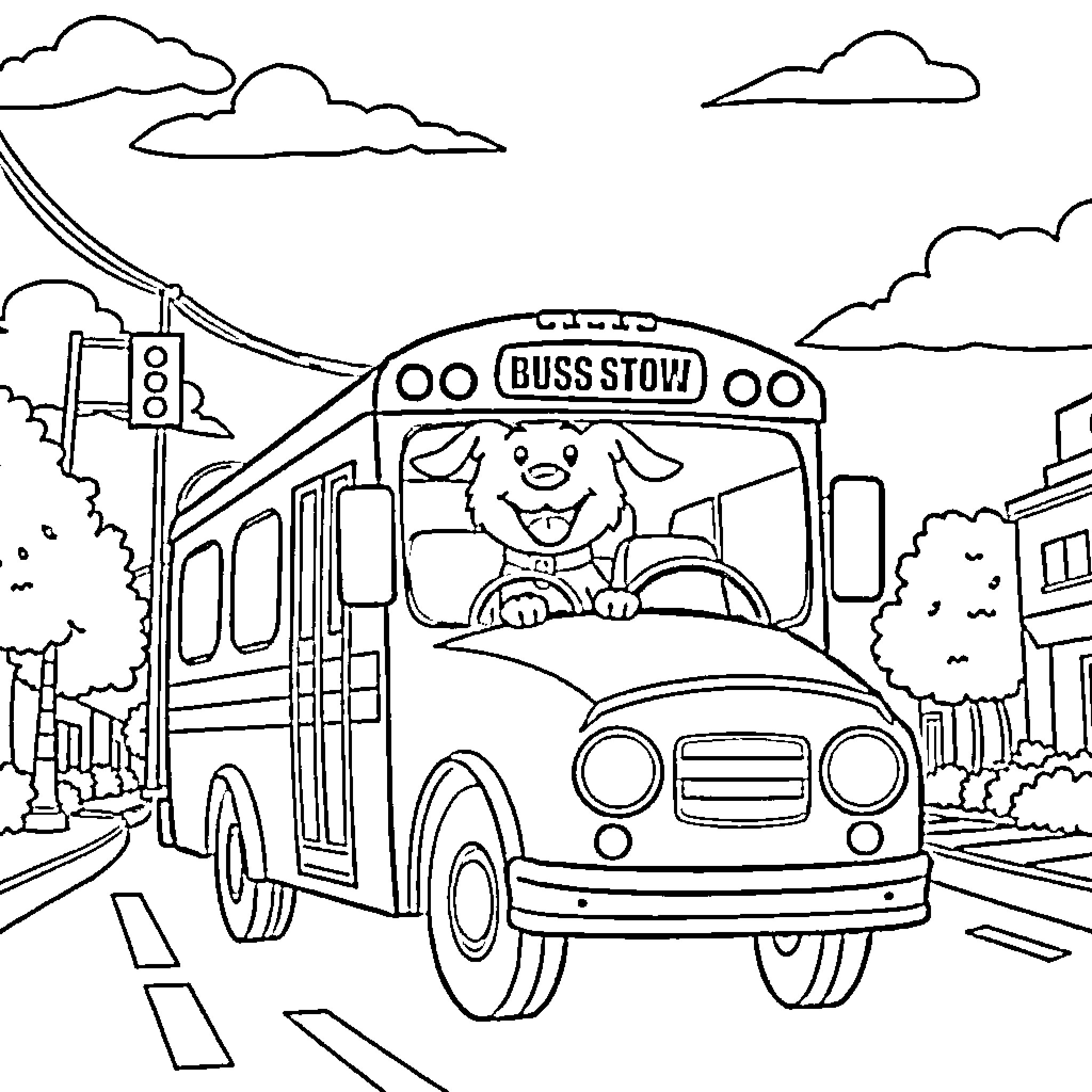Dog driving a bus through the city Coloring Page (free black-and-white line drawing printable PDF for all, from beginners to advanced learners, including children, teens, adults, and seniors)