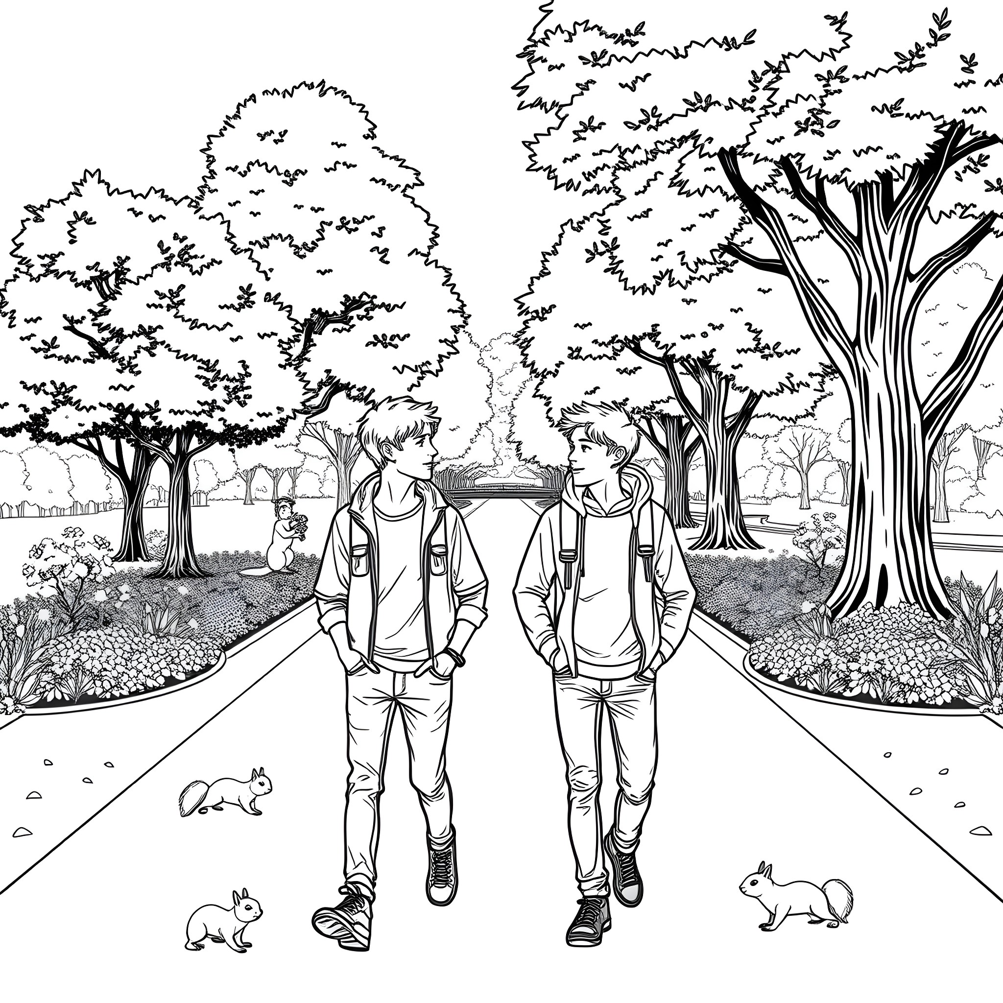 Teen Guys Walking Together in the Park Coloring Page (free black-and-white line drawing printable PDF for all, from beginners to advanced learners, including children, teens, adults, and seniors)