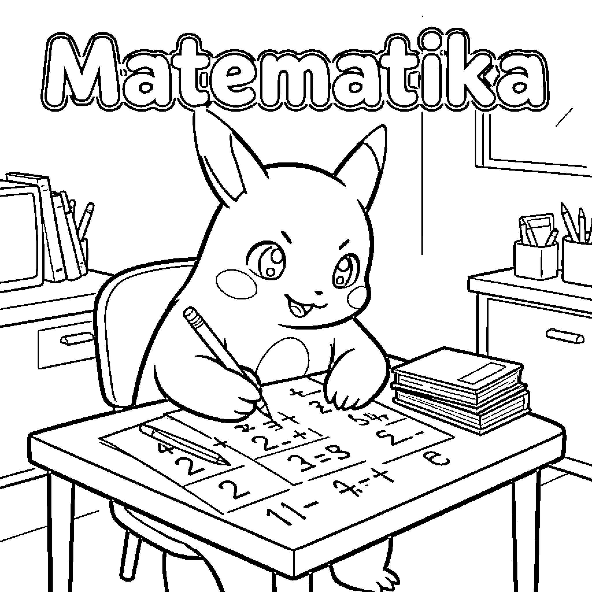 Pokémon Pikachu solving math problems at a desk Coloring Page (free black-and-white line drawing printable PDF for all, from beginners to advanced learners, including children, teens, adults, and seniors)