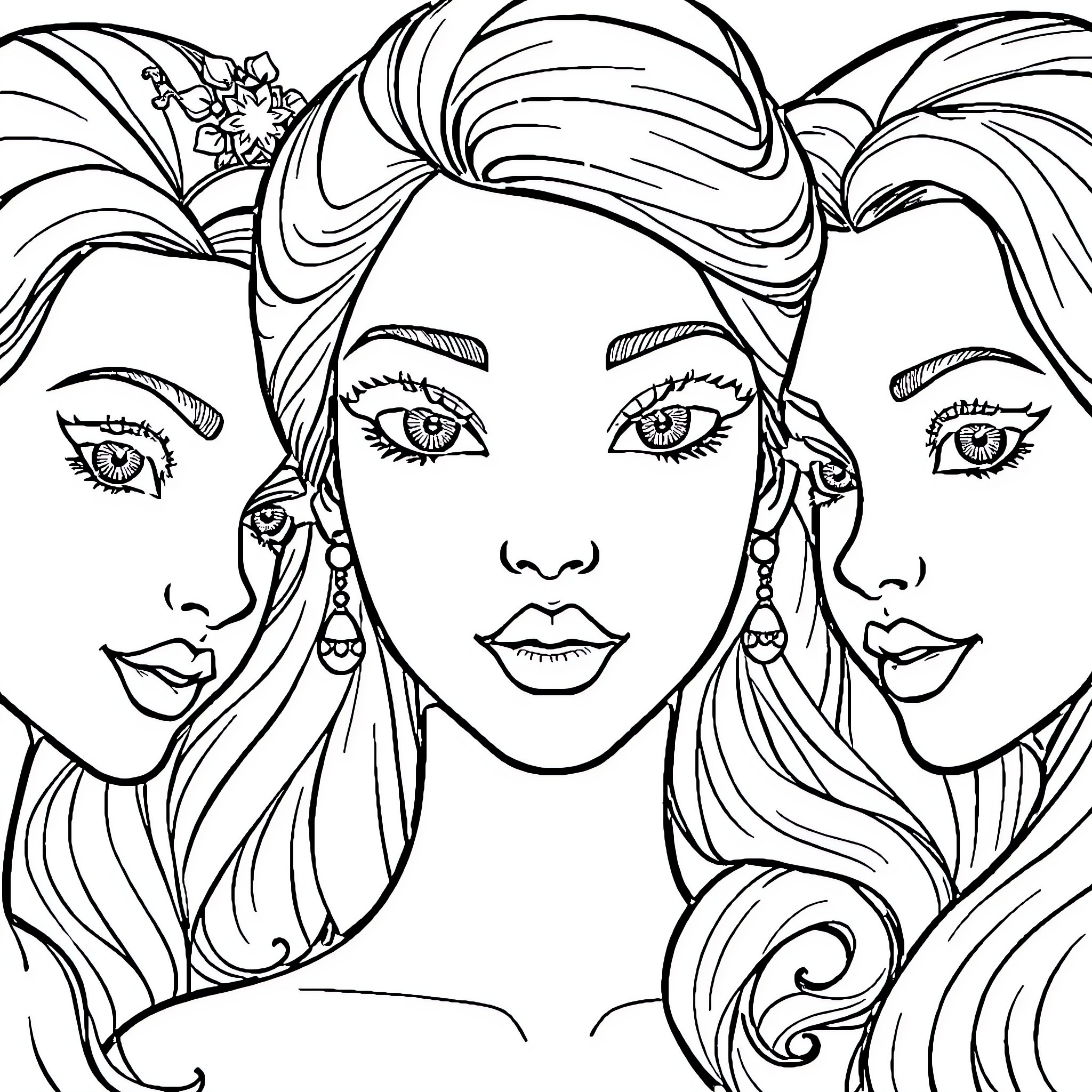 Princess in Ornate Hairstyle and Accessories Coloring Page (free black-and-white line drawing printable PDF for all, from beginners to advanced learners, including children, teens, adults, and seniors)