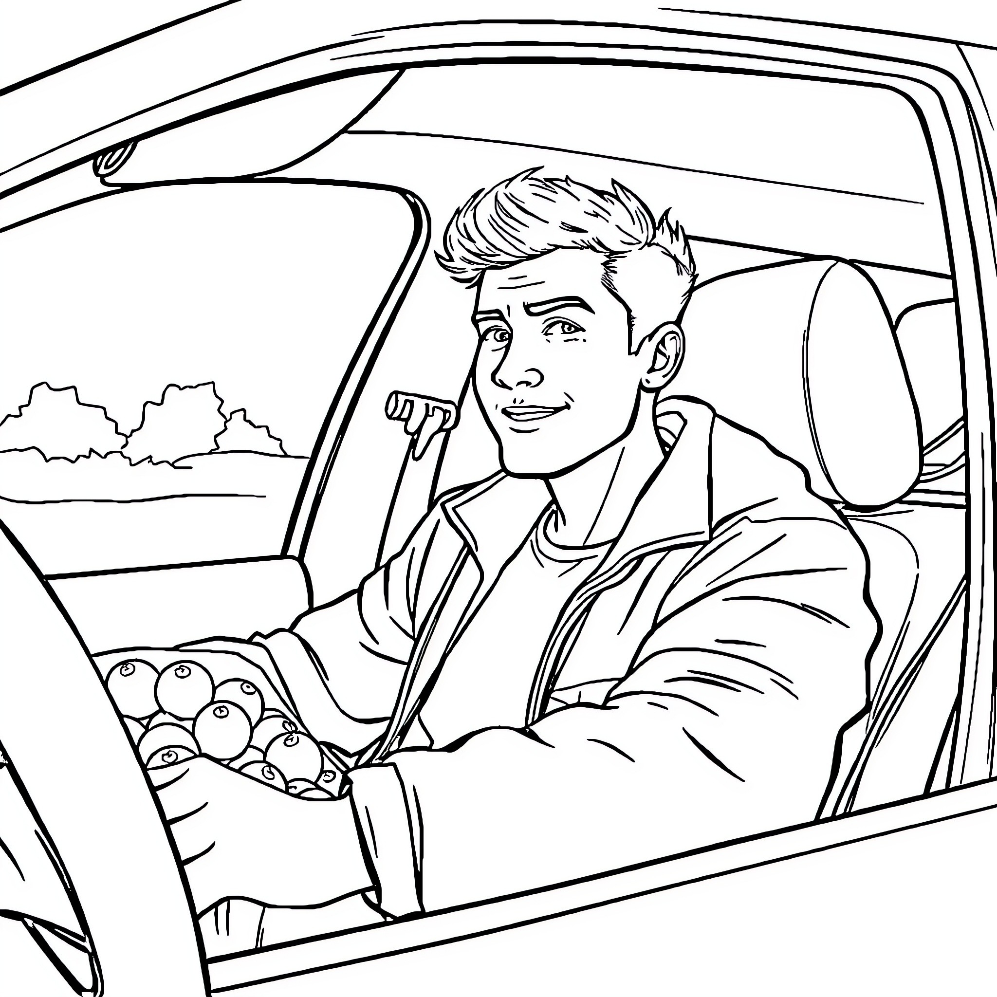 Young Man Driving Car Happily Coloring Page (free black-and-white line drawing printable PDF for all, from beginners to advanced learners, including children, teens, adults, and seniors)