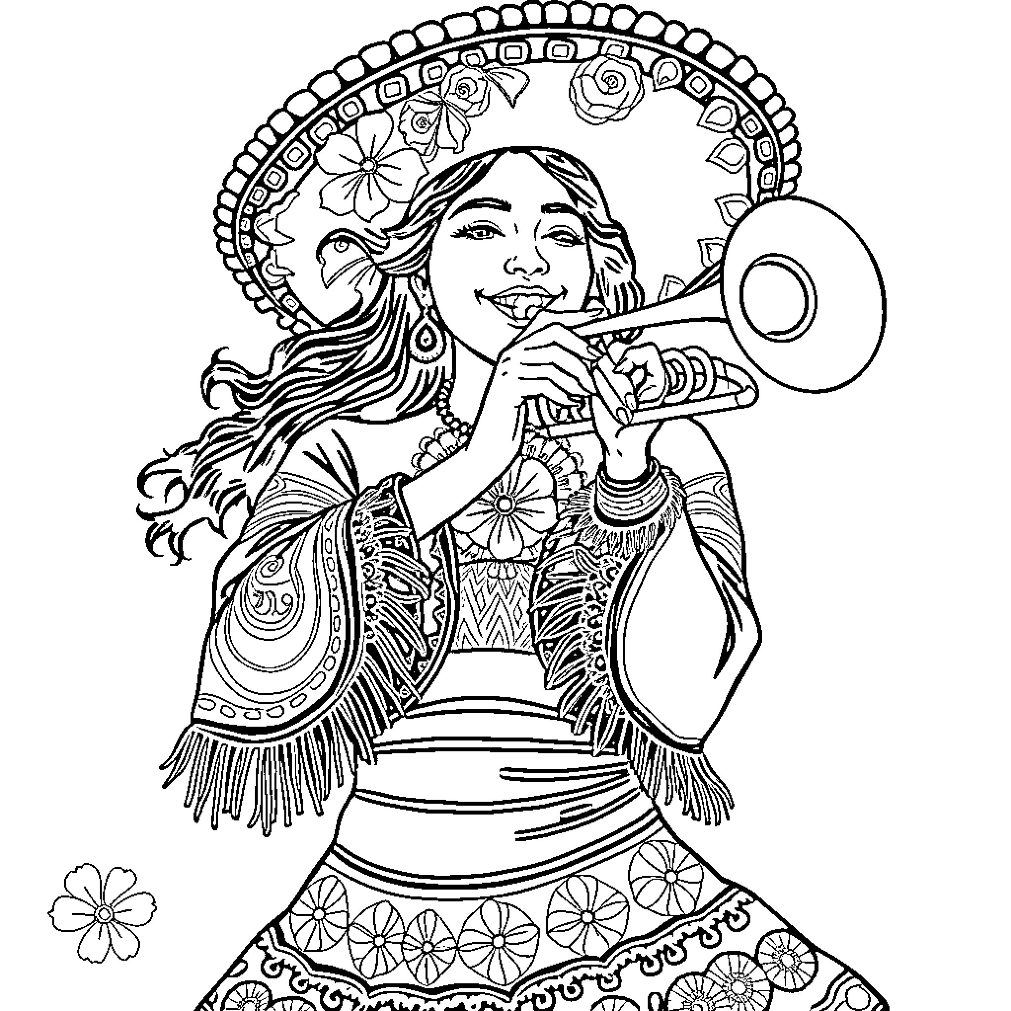 Mariachi musician playing joyfully with floral adornments Coloring Page (free black-and-white line drawing printable PDF for all, from beginners to advanced learners, including children, teens, adults, and seniors)