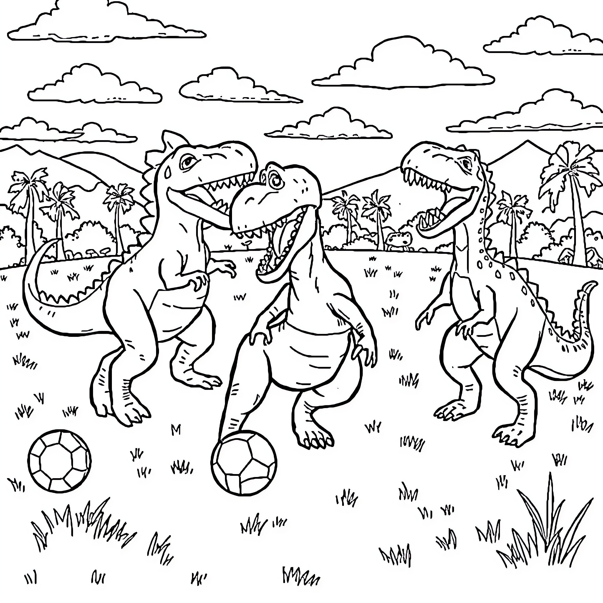 Dinosaurs playing with soccer balls in tropical landscape Coloring Page (free black-and-white line drawing printable PDF for all, from beginners to advanced learners, including children, teens, adults, and seniors)