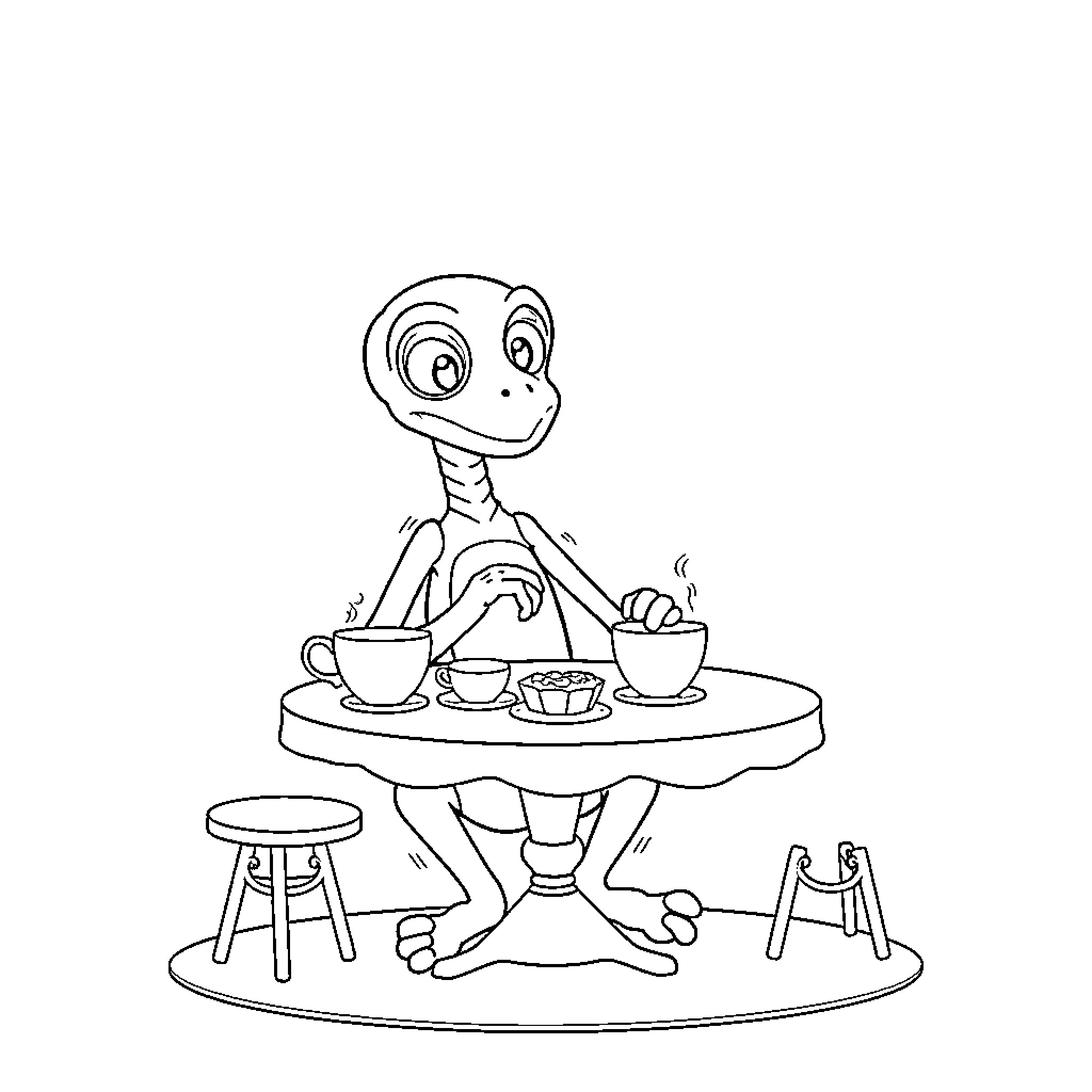 ET enjoying tea and treats at a cafe Coloring Page (free black-and-white line drawing printable PDF for all, from beginners to advanced learners, including children, teens, adults, and seniors)