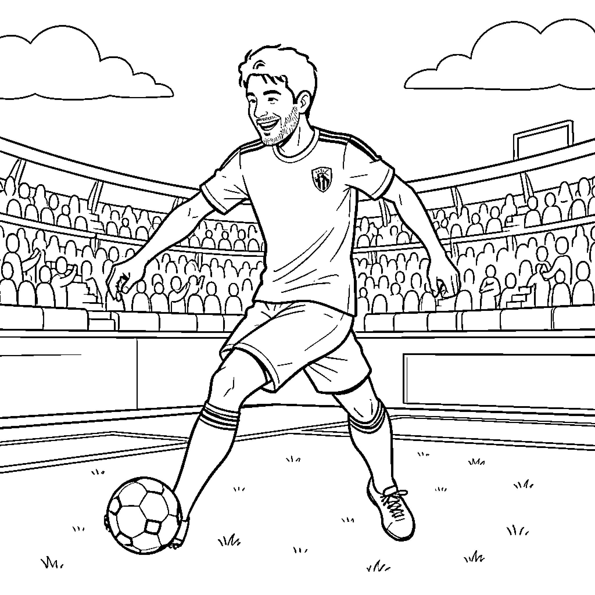 Antoine Griezmann dribbling a soccer ball in a stadium Coloring Page (free black-and-white line drawing printable PDF for all, from beginners to advanced learners, including children, teens, adults, and seniors)