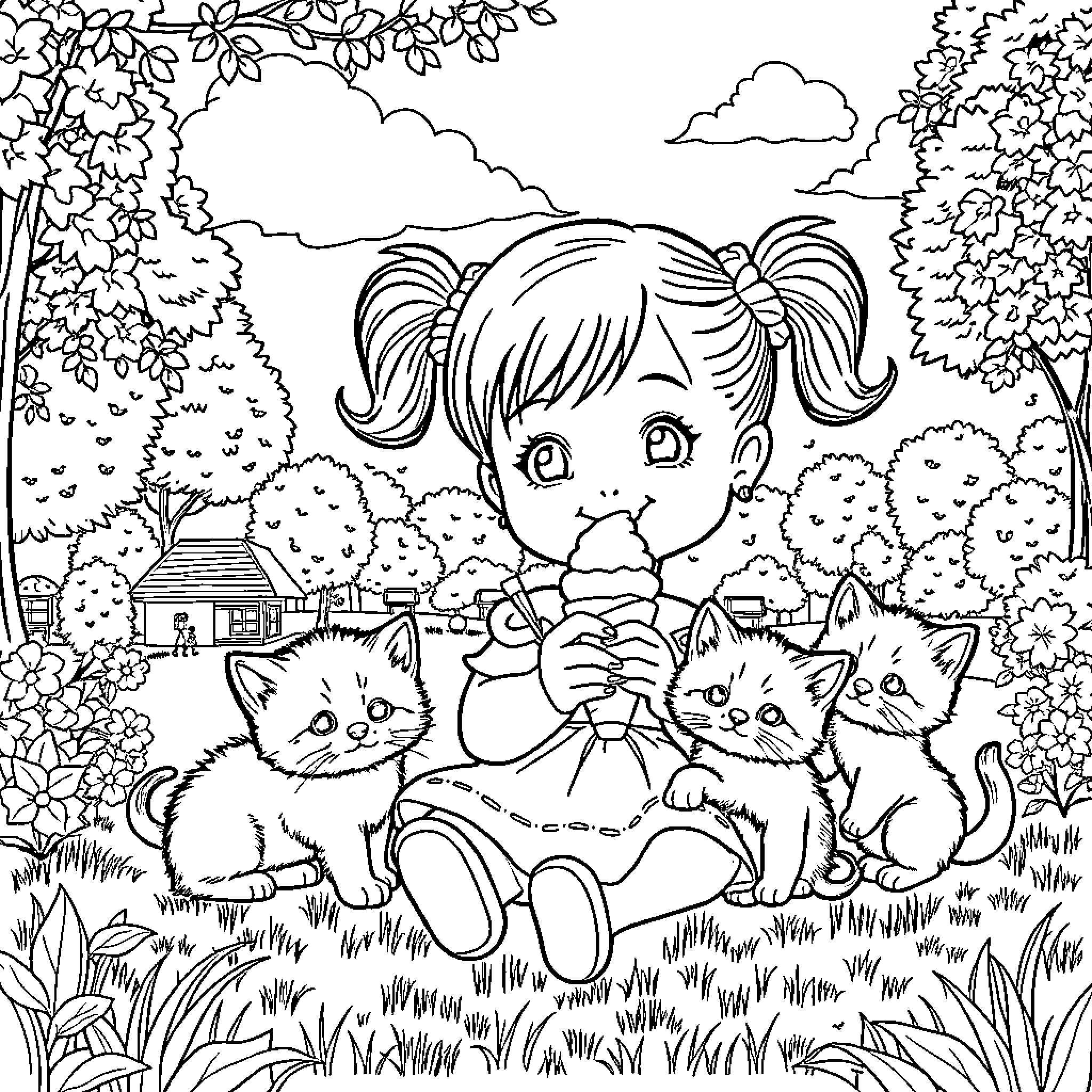 Girl playing with kittens in a lush garden Coloring Page (free black-and-white line drawing printable PDF for all, from beginners to advanced learners, including children, teens, adults, and seniors)