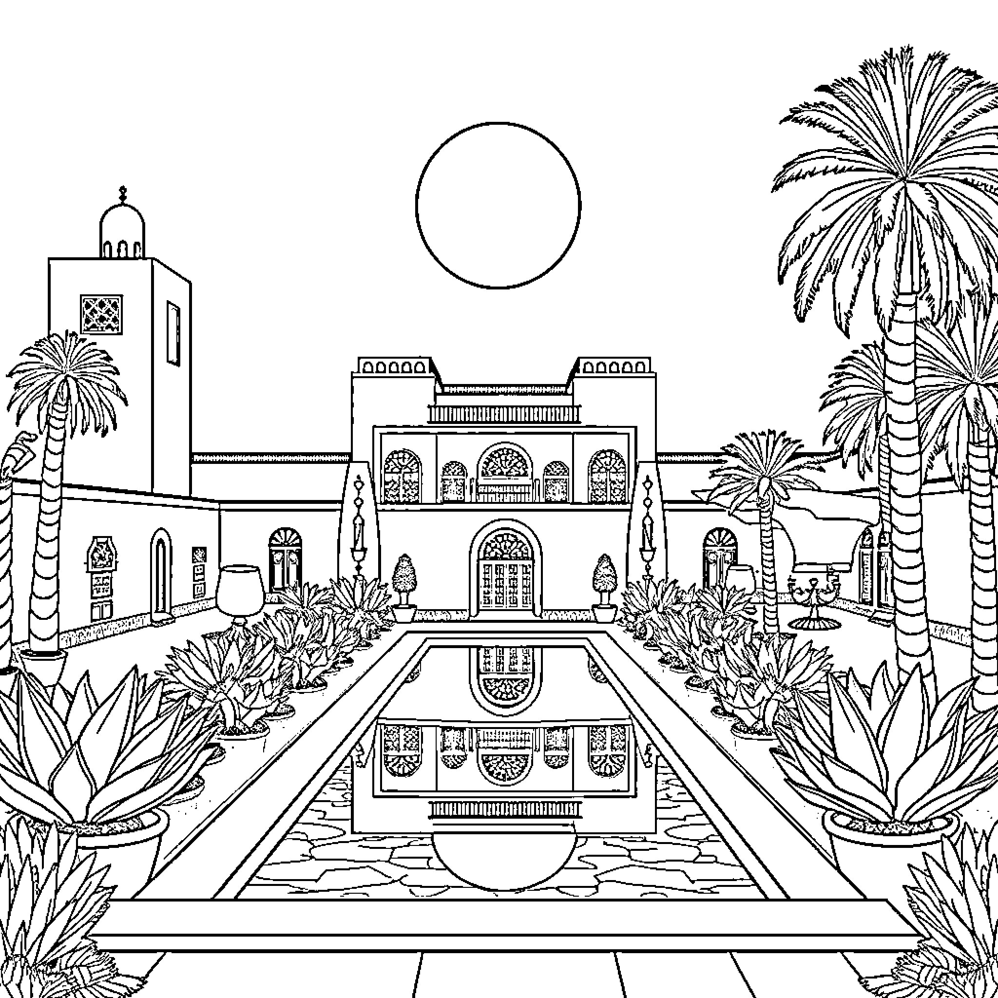Menara with Ornate Architecture and Lush Greenery Coloring Page (free black-and-white line drawing printable PDF for all, from beginners to advanced learners, including children, teens, adults, and seniors)