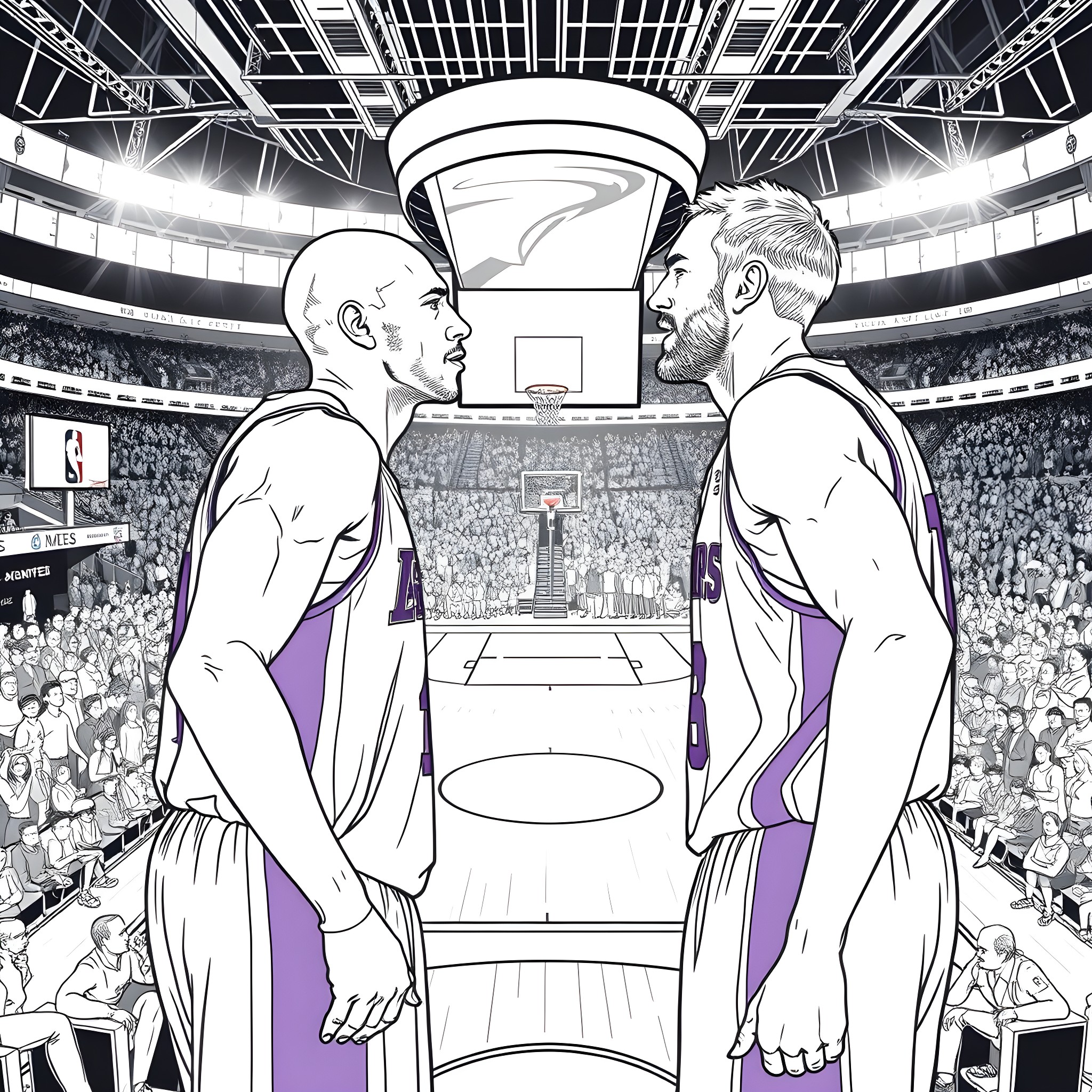 Basketball players facing off on the court Coloring Page (free black-and-white line drawing printable PDF for all, from beginners to advanced learners, including children, teens, adults, and seniors)