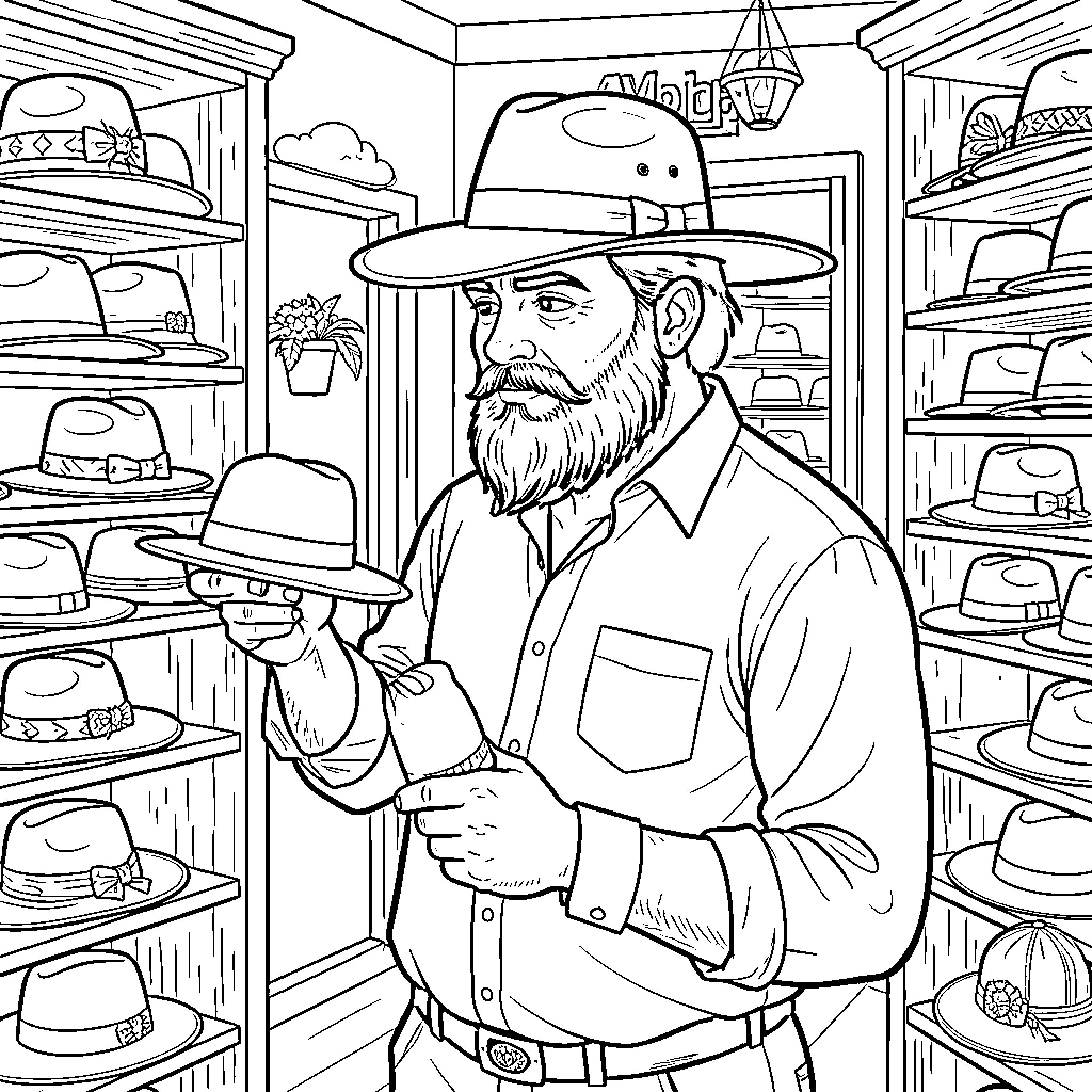 Man working in a hat shop with various products Coloring Page (free black-and-white line drawing printable PDF for all, from beginners to advanced learners, including children, teens, adults, and seniors)