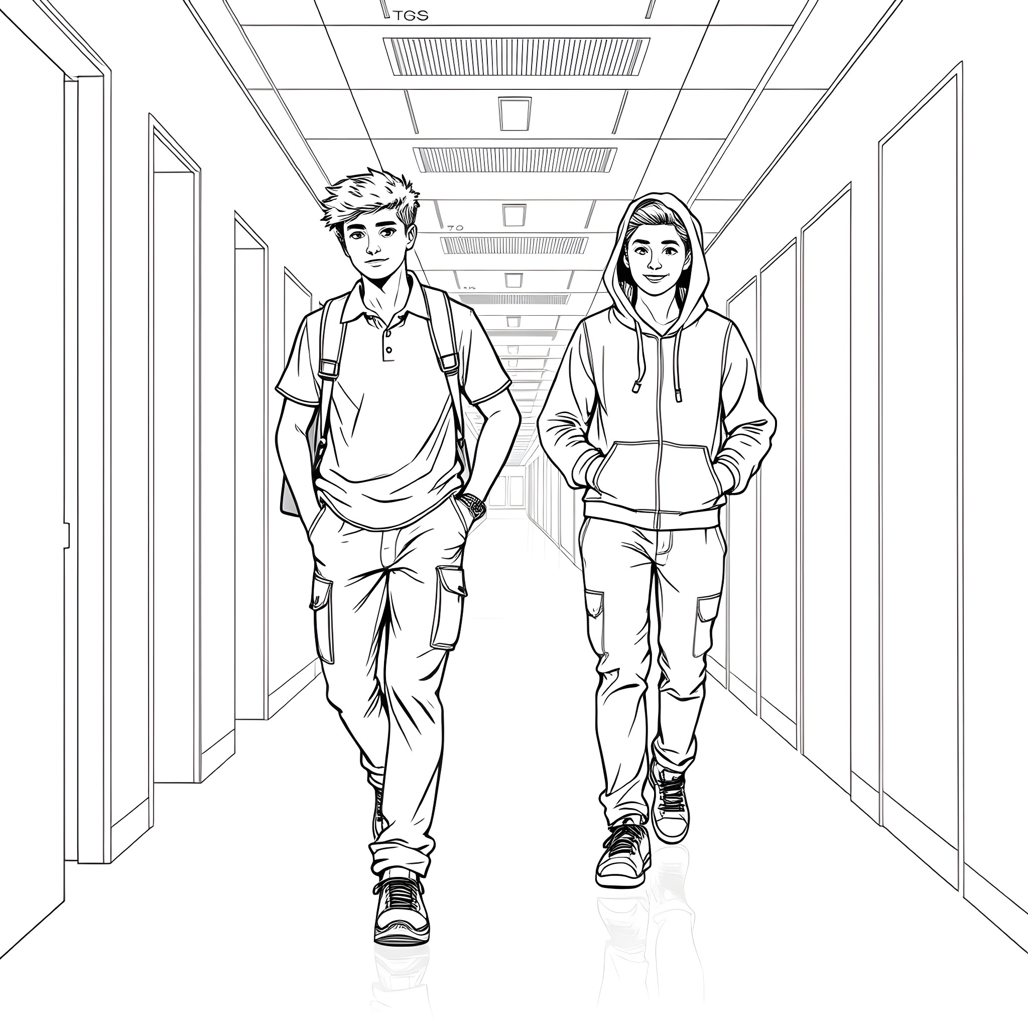Teen Students Walking in School Hallway Coloring Page (free black-and-white line drawing printable PDF for all, from beginners to advanced learners, including children, teens, adults, and seniors)