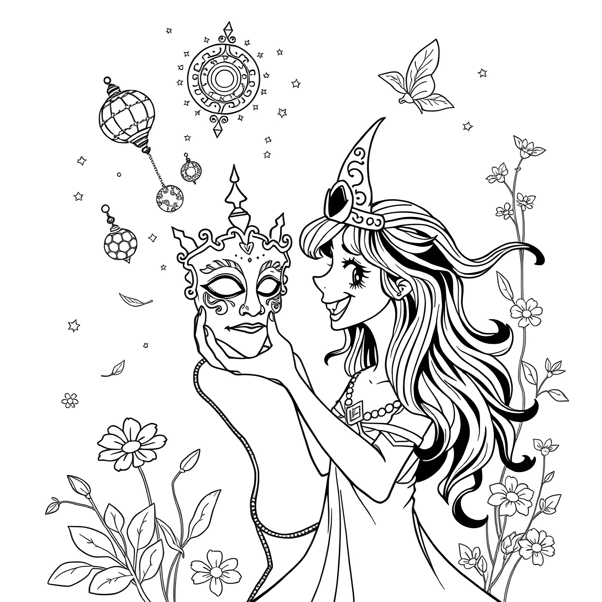 Paimon and the Enchanted Garden Coloring Page (free black-and-white line drawing printable PDF for all, from beginners to advanced learners, including children, teens, adults, and seniors)