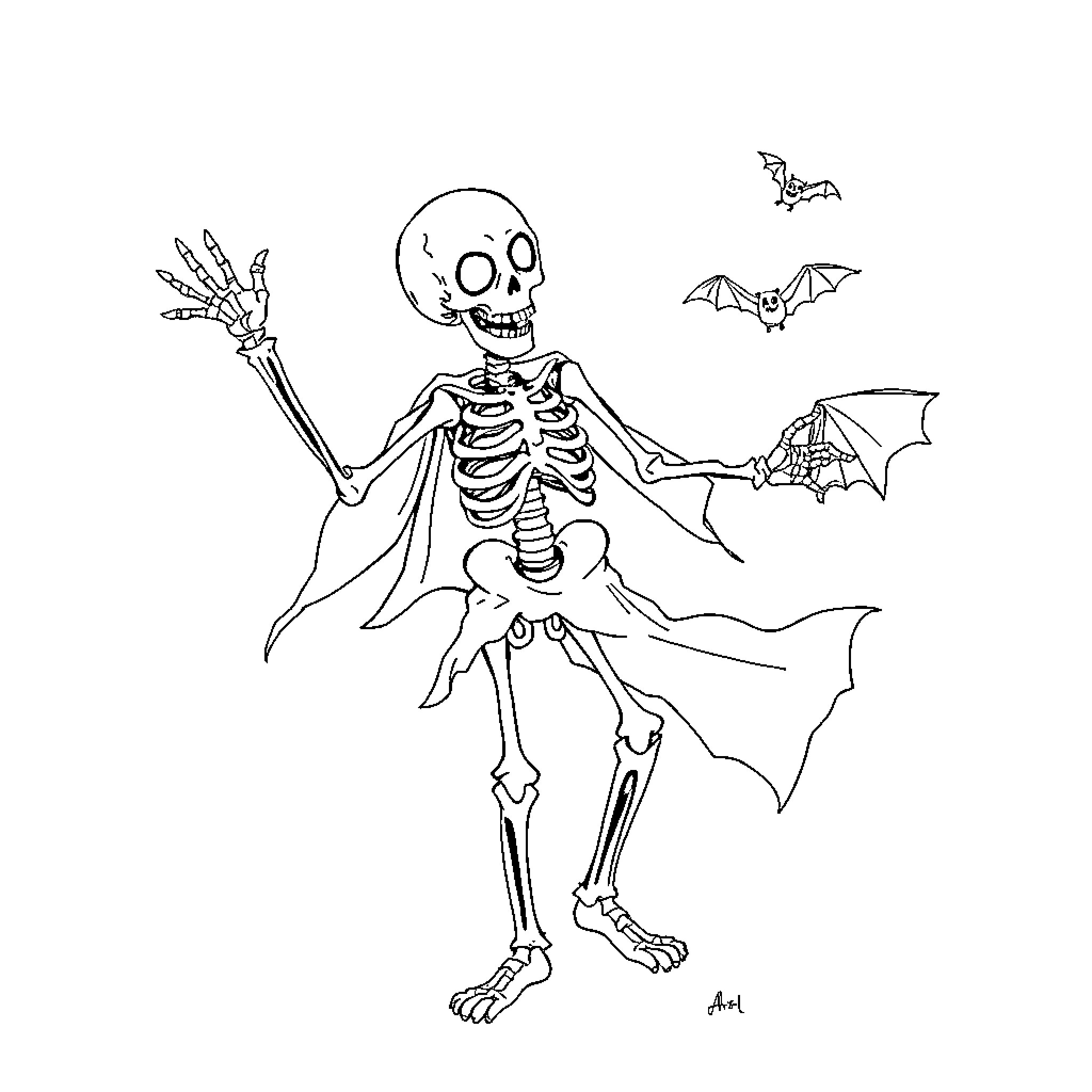 Skeleton dancing with bats in the night Coloring Page (free black-and-white line drawing printable PDF for all, from beginners to advanced learners, including children, teens, adults, and seniors)