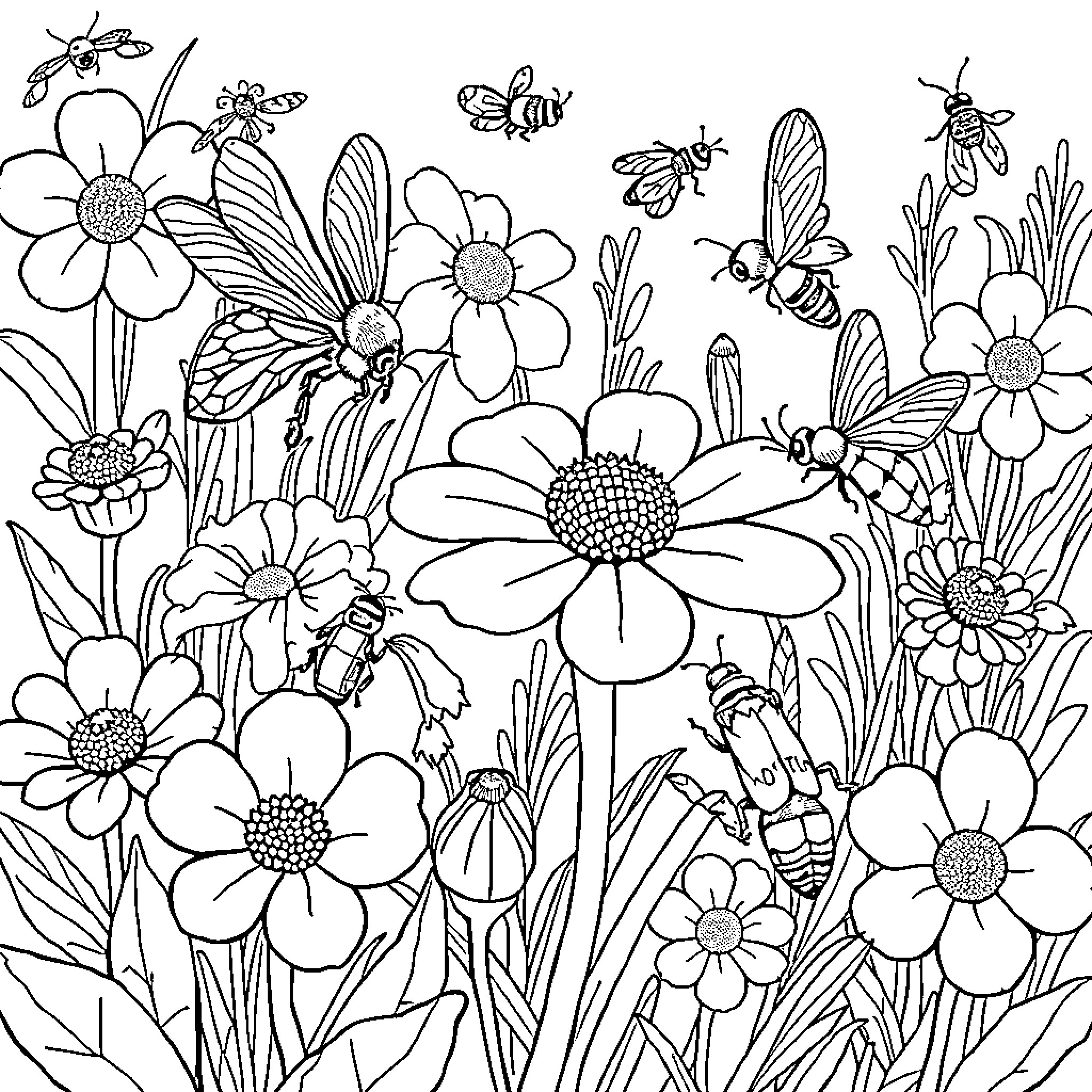 Insect-filled floral garden scene Coloring Page (free black-and-white line drawing printable PDF for all, from beginners to advanced learners, including children, teens, adults, and seniors)