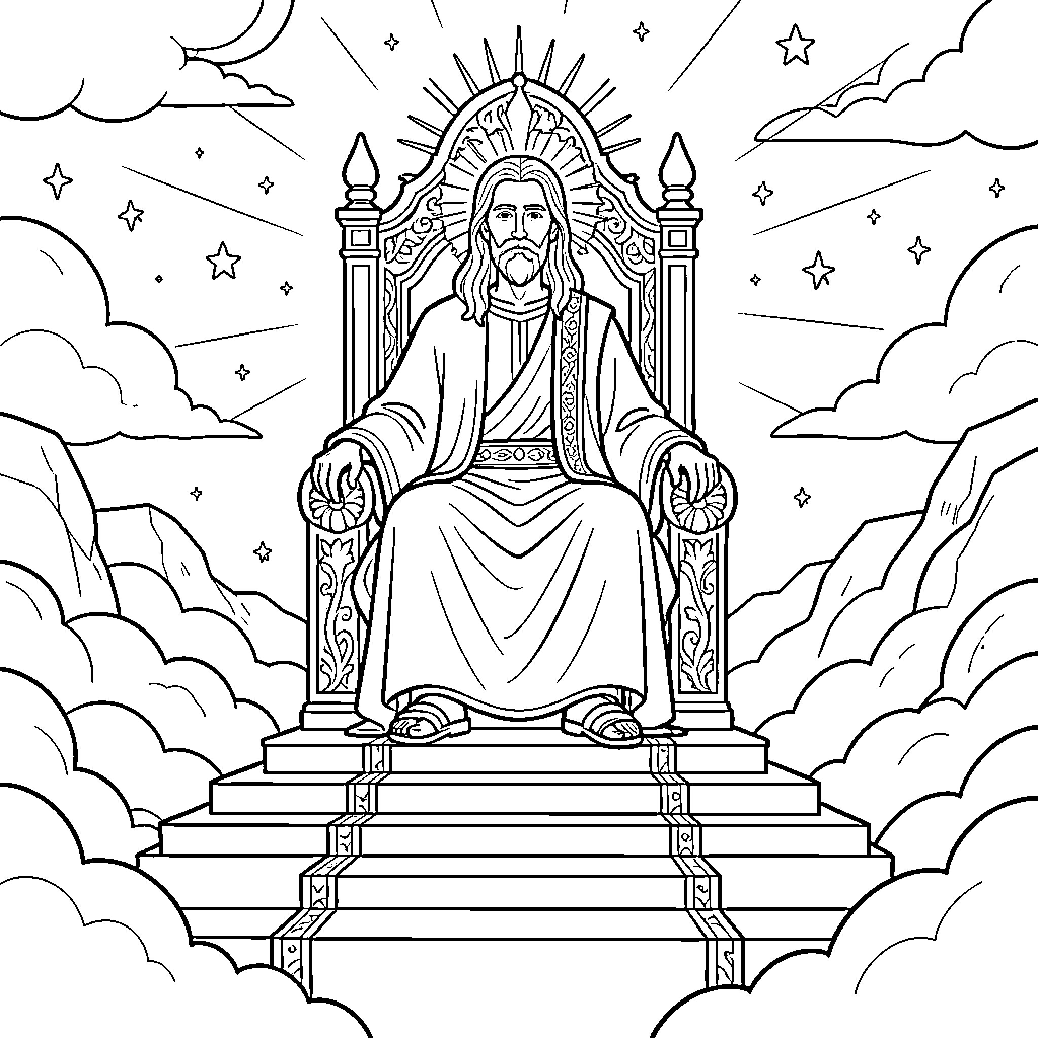 God seated on a grand throne amid clouds and stars Coloring Page (free black-and-white line drawing printable PDF for all, from beginners to advanced learners, including children, teens, adults, and seniors)