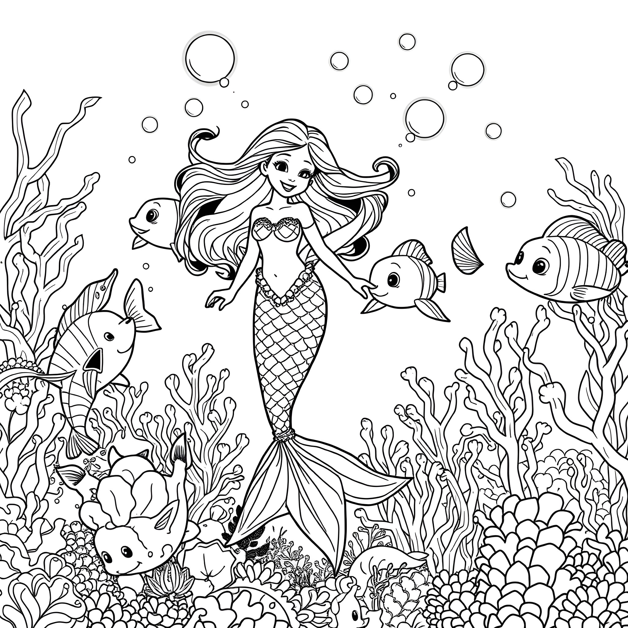 Mermaid swimming gracefully among marine life Coloring Page (free black-and-white line drawing printable PDF for all, from beginners to advanced learners, including children, teens, adults, and seniors)