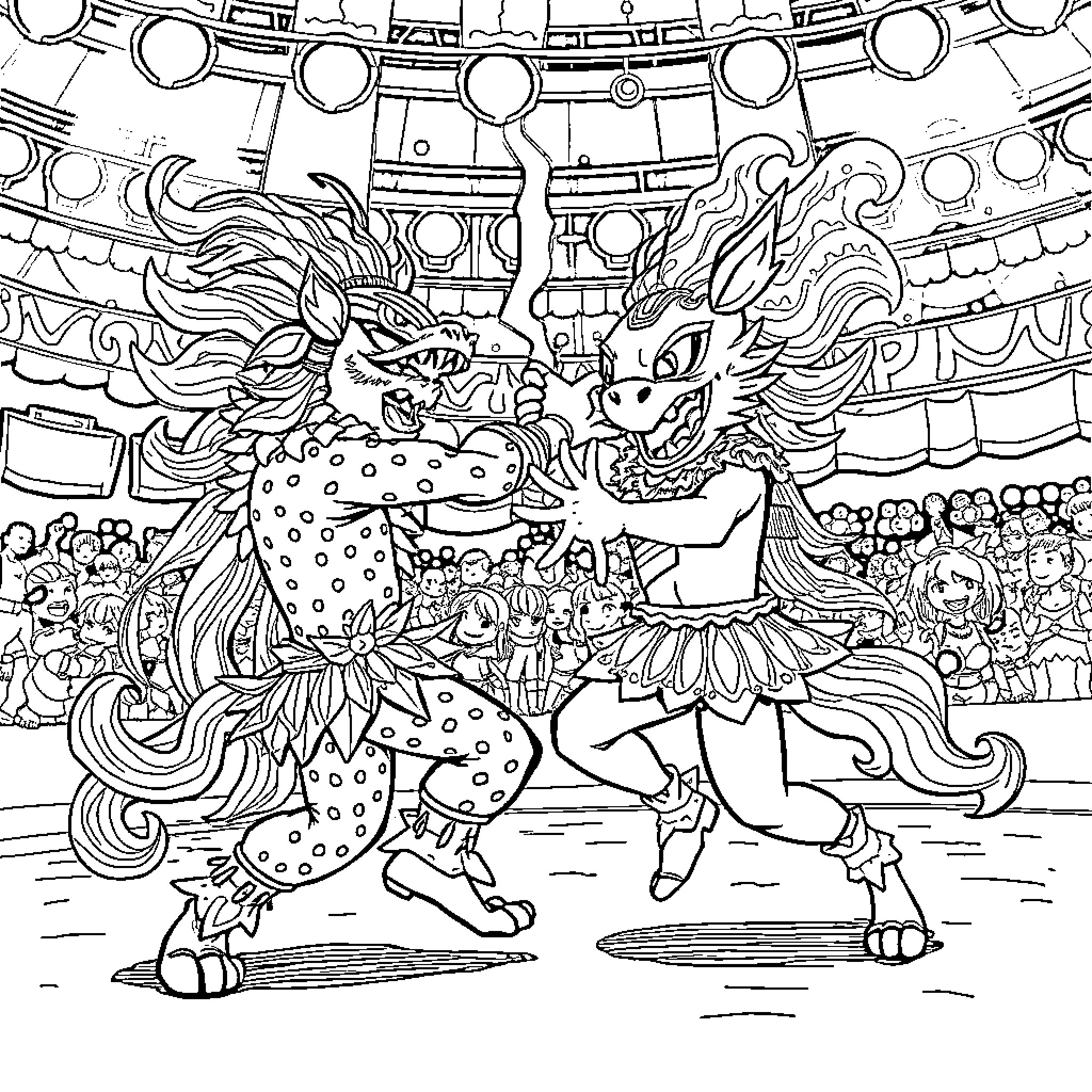 Tralarero: Colorful Carnival Dancers in Festive Regalia Coloring Page (free black-and-white line drawing printable PDF for all, from beginners to advanced learners, including children, teens, adults, and seniors)