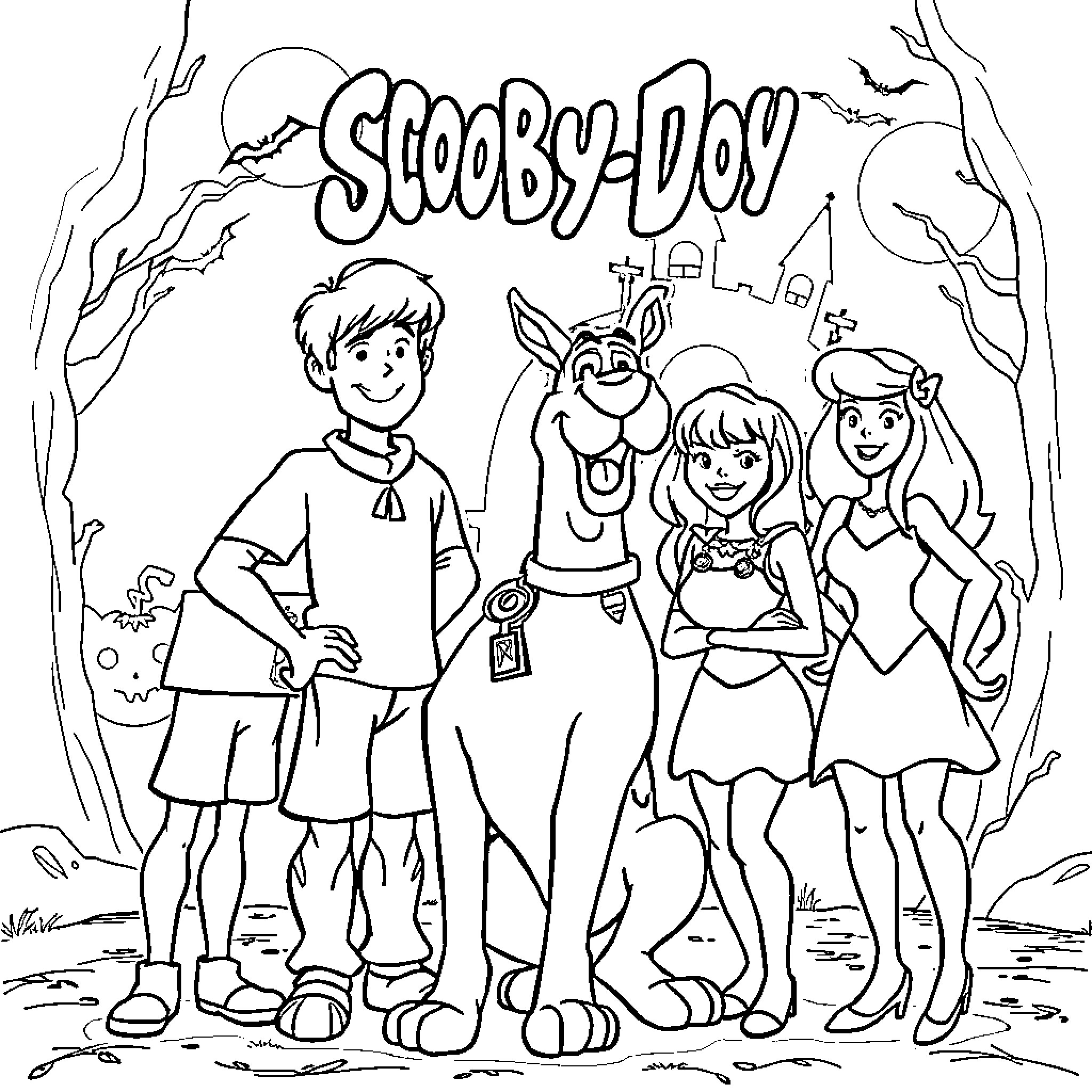 Scooby-Doo and friends explore the spooky forest Coloring Page (free black-and-white line drawing printable PDF for all, from beginners to advanced learners, including children, teens, adults, and seniors)