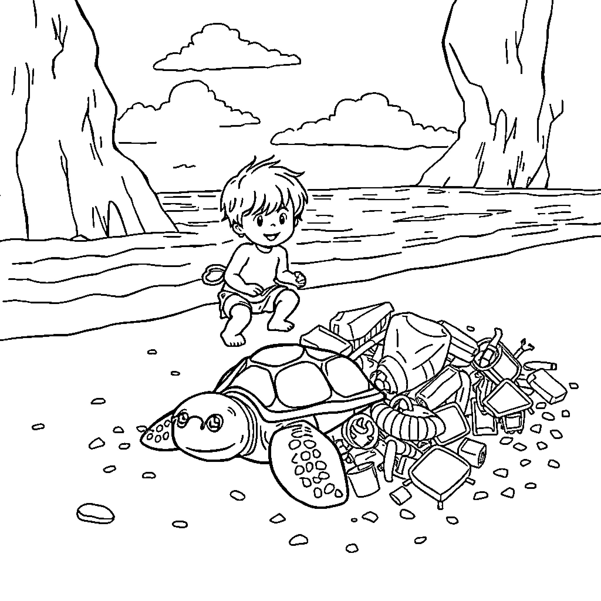 Turtle carrying boy exploring nature Coloring Page (free black-and-white line drawing printable PDF for all, from beginners to advanced learners, including children, teens, adults, and seniors)
