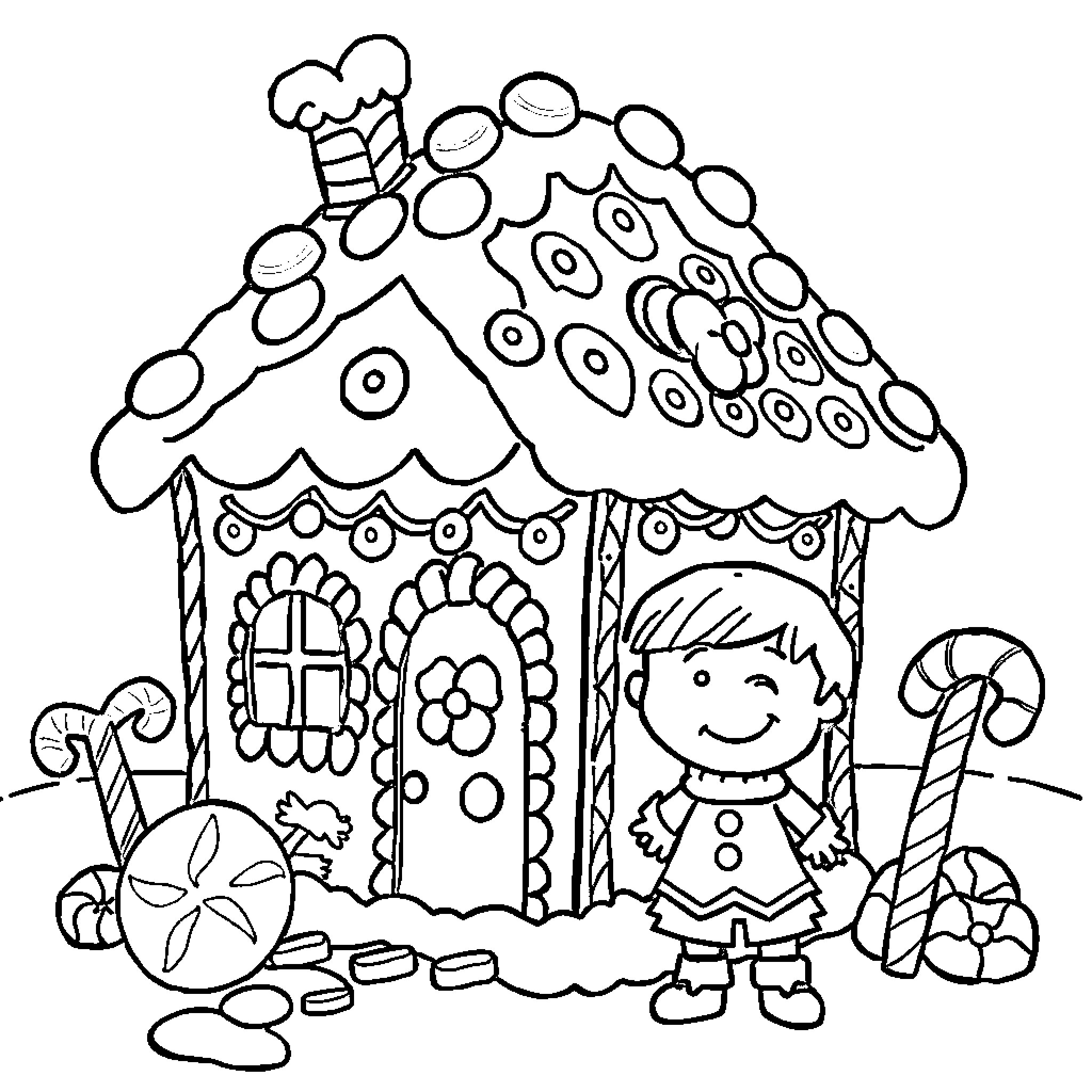 Gingerbread House with Cheerful Gingerbread Girl Coloring Page (free black-and-white line drawing printable PDF for all, from beginners to advanced learners, including children, teens, adults, and seniors)