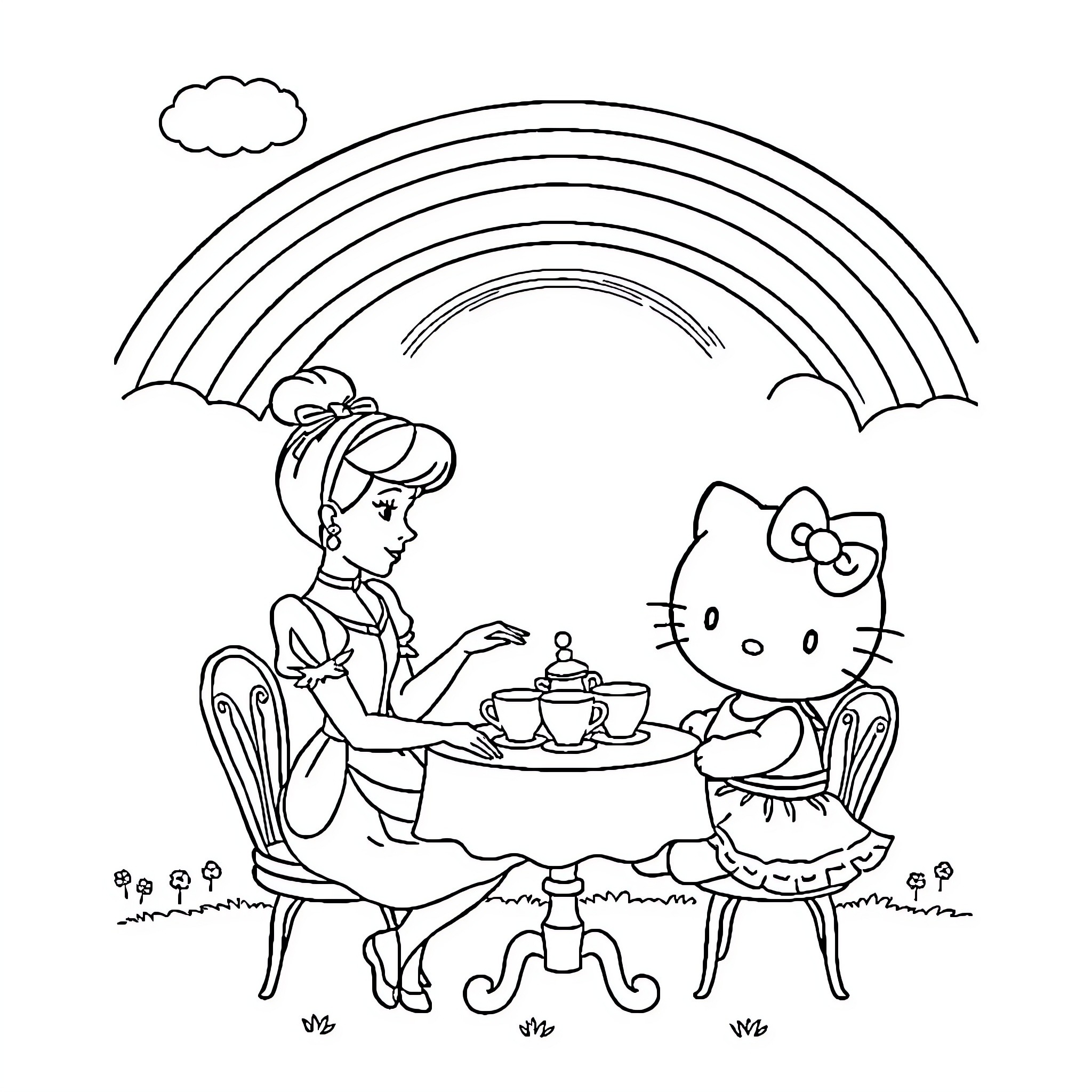 Cinderella and Hello Kitty sharing tea under a rainbow Coloring Page (free black-and-white line drawing printable PDF for all, from beginners to advanced learners, including children, teens, adults, and seniors)