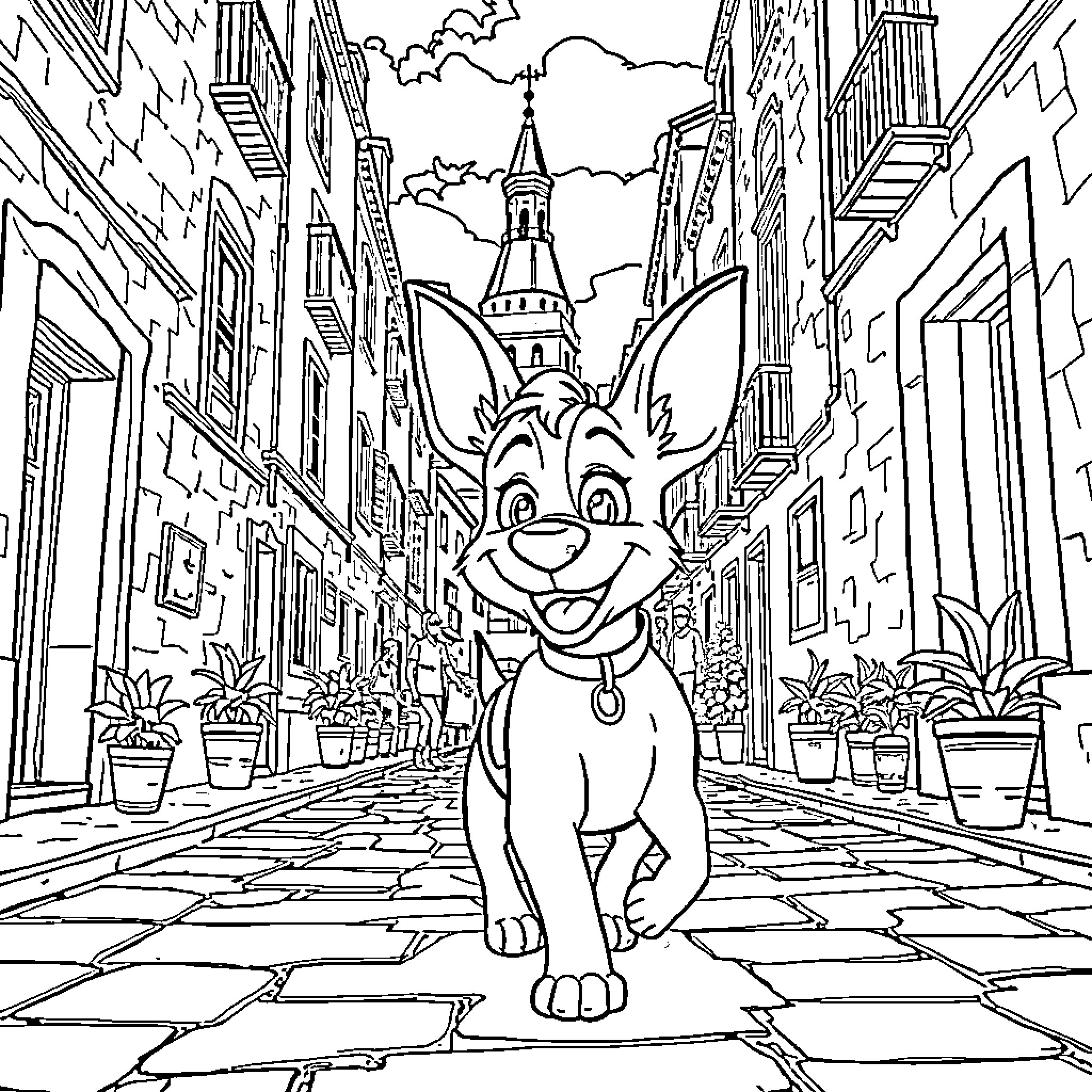 Sparky's Adventure in Paris Coloring Page (free black-and-white line drawing printable PDF for all, from beginners to advanced learners, including children, teens, adults, and seniors)