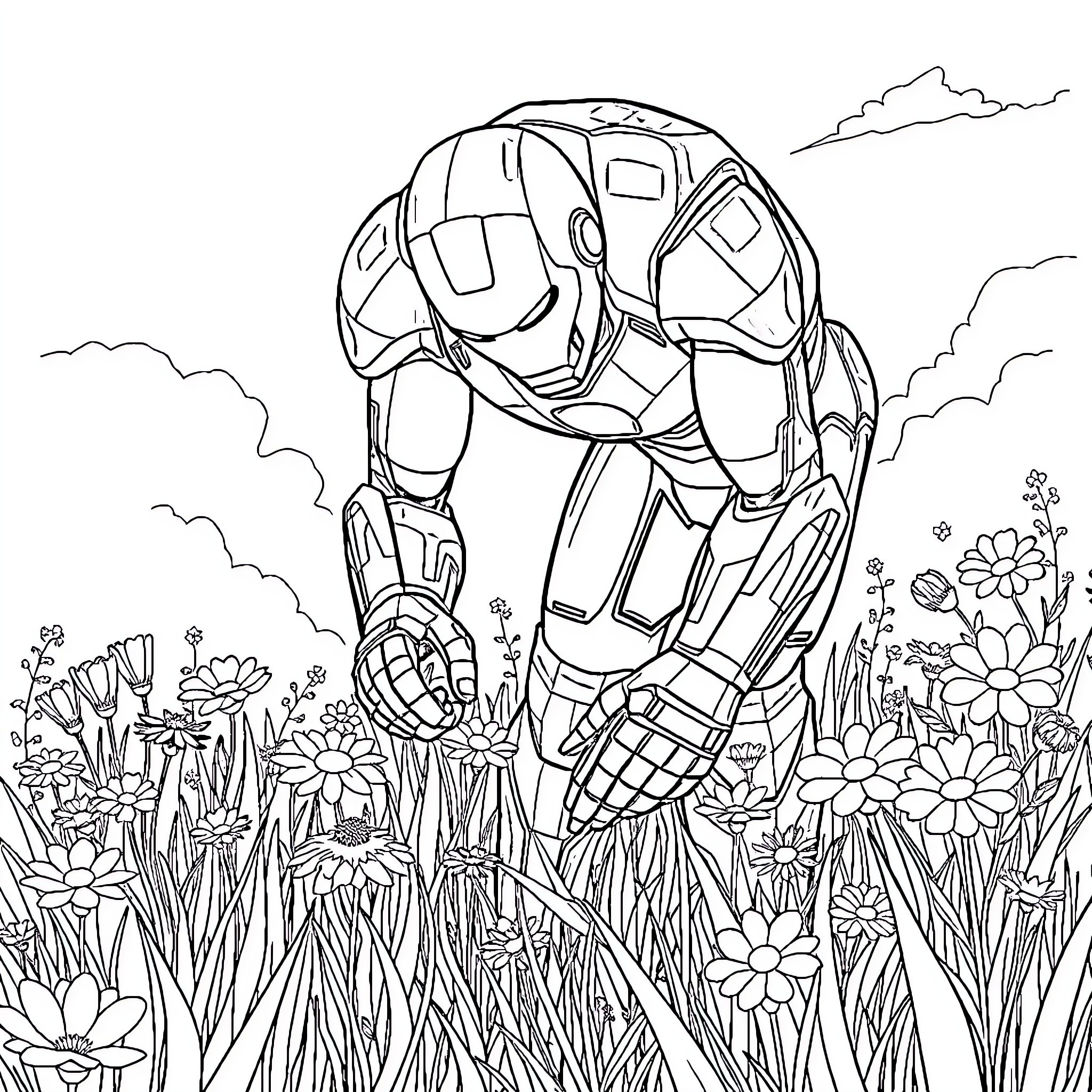 Iron Man suit exploring a lush floral landscape Coloring Page (free black-and-white line drawing printable PDF for all, from beginners to advanced learners, including children, teens, adults, and seniors)