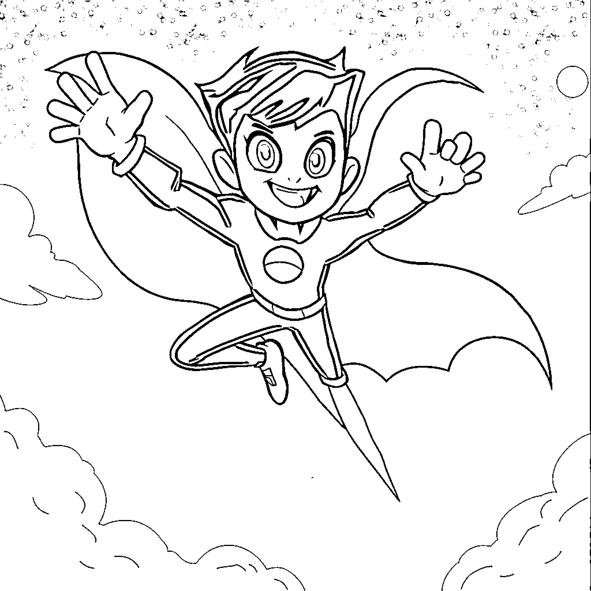 Danny Phantom soaring through the sky with excitement Coloring Page (free black-and-white line drawing printable PDF for all, from beginners to advanced learners, including children, teens, adults, and seniors)