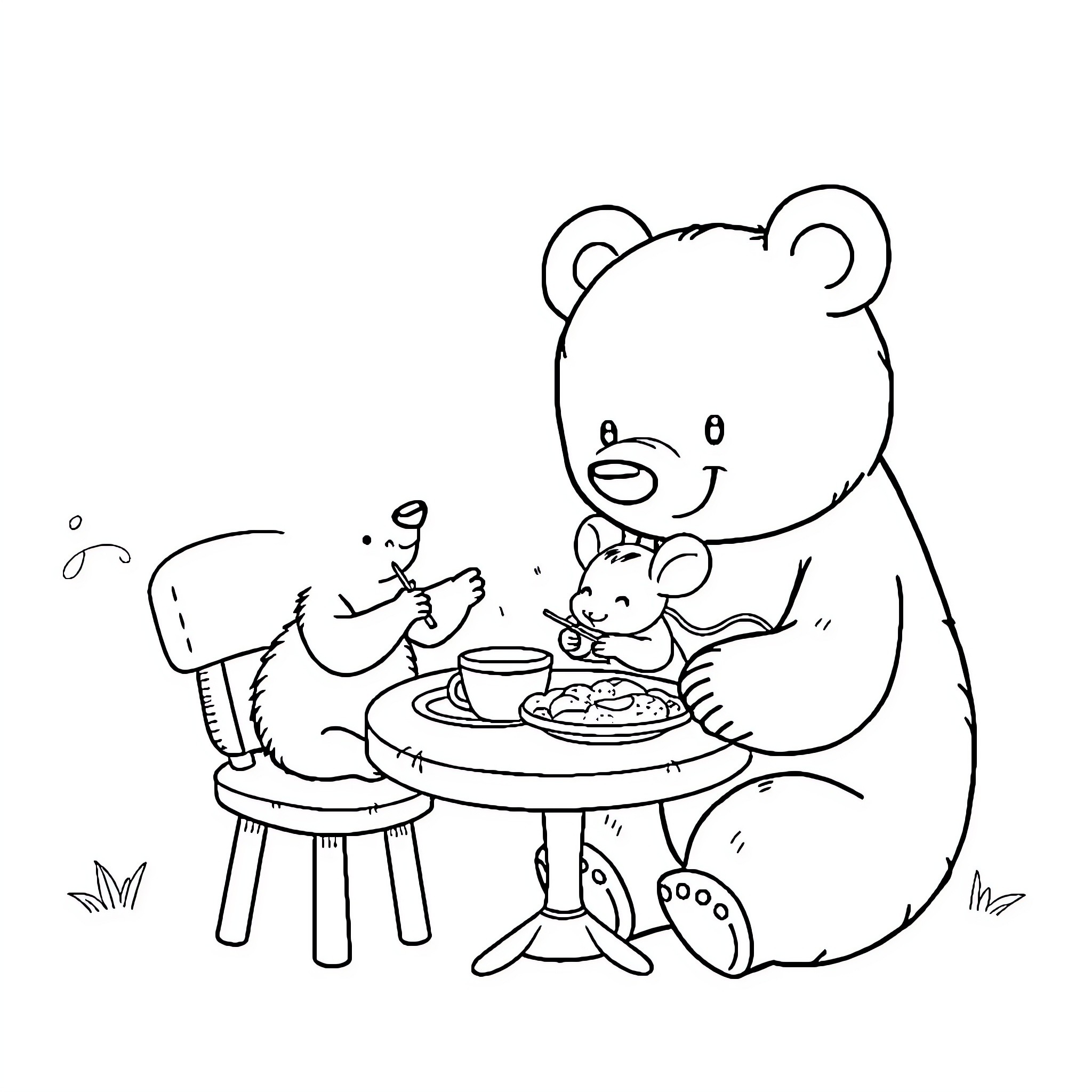 Bear enjoying a meal with a mouse companion Coloring Page (free black-and-white line drawing printable PDF for all, from beginners to advanced learners, including children, teens, adults, and seniors)