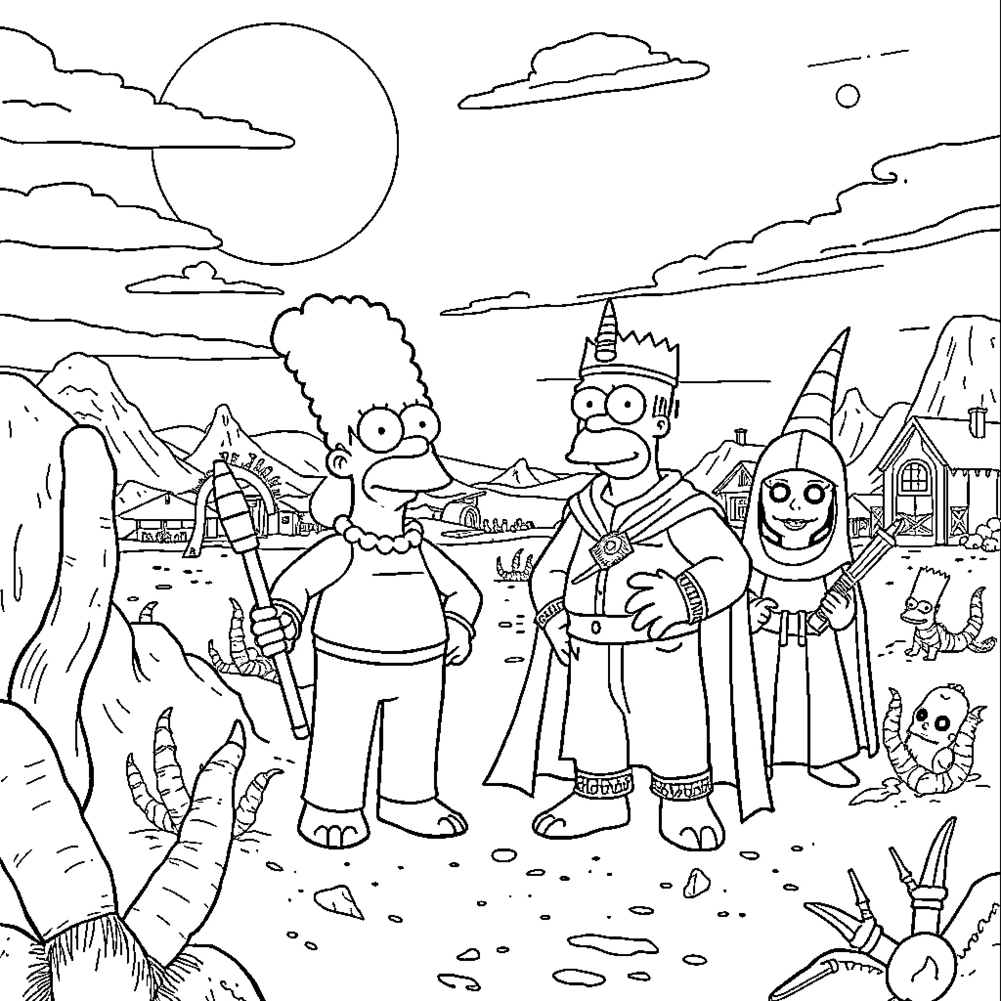 Dune - The Simpsons Family's Adventure in a Fantastical Landscape Coloring Page (free black-and-white line drawing printable PDF for all, from beginners to advanced learners, including children, teens, adults, and seniors)