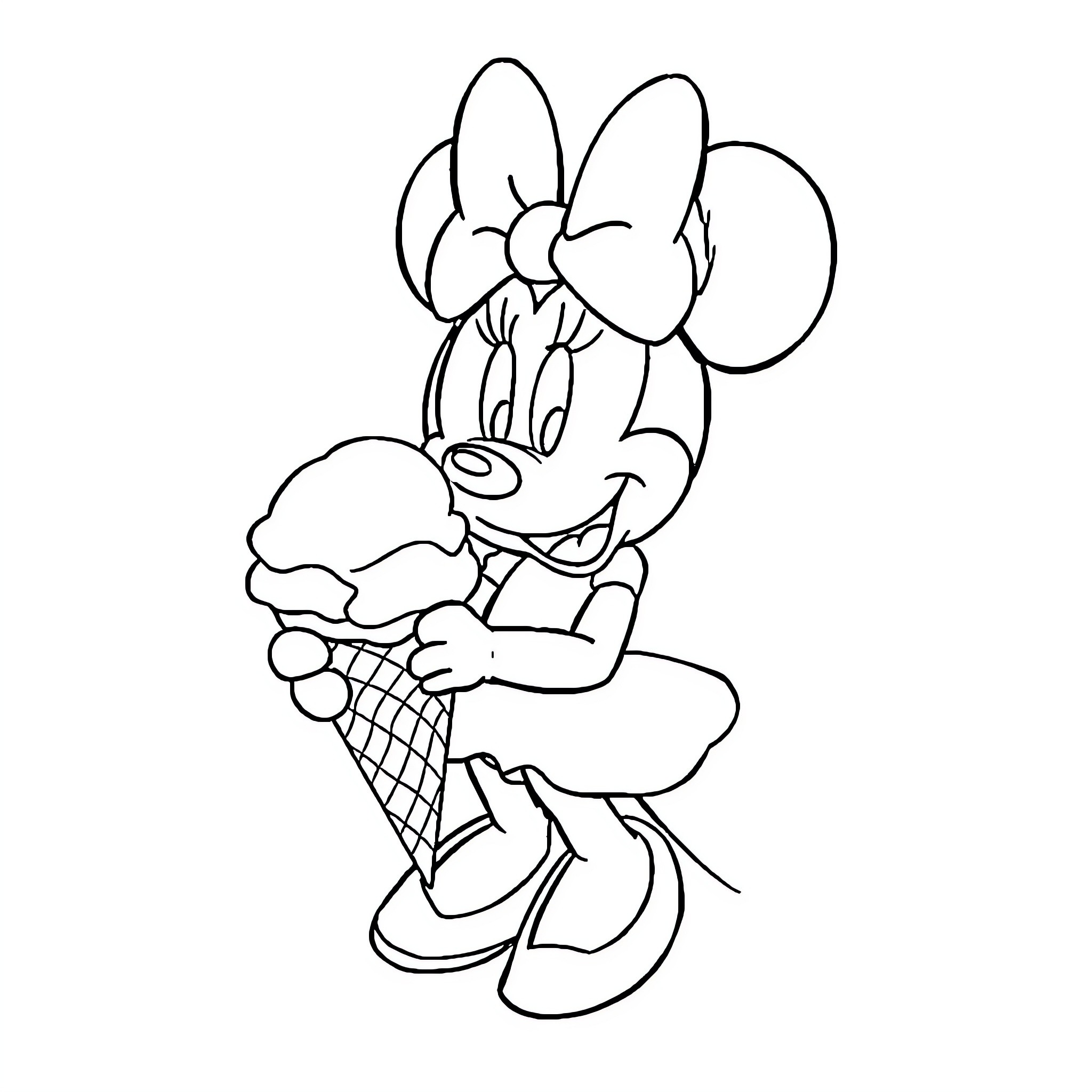 Minnie Mouse enjoying an ice cream treat Coloring Page (free black-and-white line drawing printable PDF for all, from beginners to advanced learners, including children, teens, adults, and seniors)
