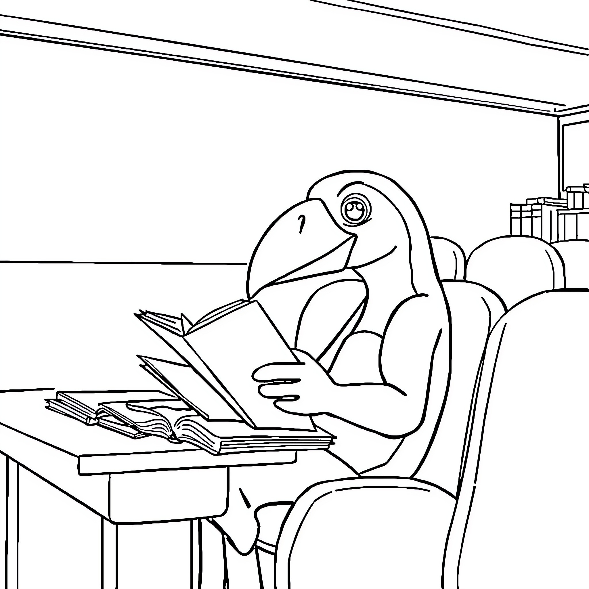 Personagem lendo livros em seu escritório Coloring Page (free black-and-white line drawing printable PDF for all, from beginners to advanced learners, including children, teens, adults, and seniors)
