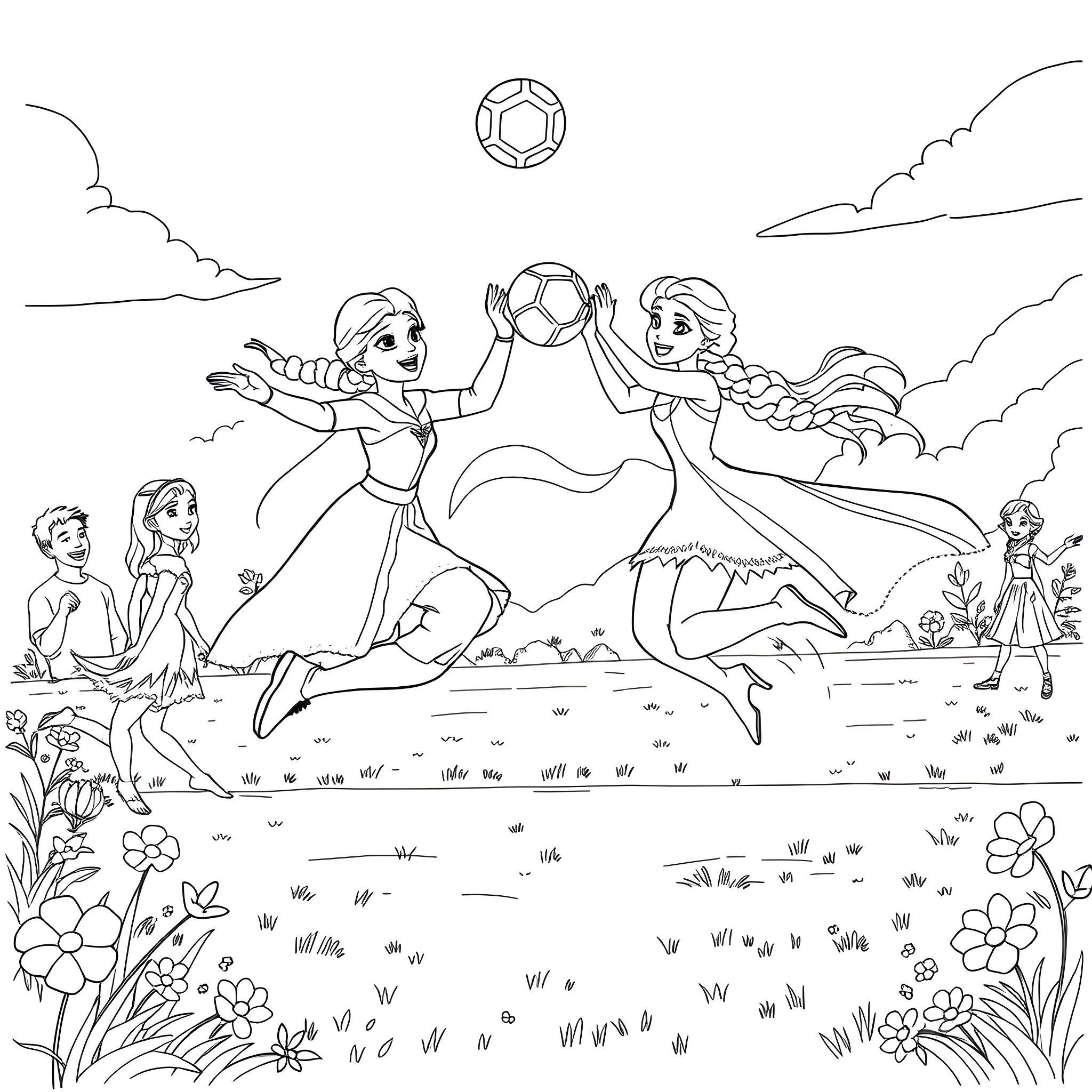 Anna and Elsa playing joyfully with a soccer ball in the meadow Coloring Page (free black-and-white line drawing printable PDF for all, from beginners to advanced learners, including children, teens, adults, and seniors)