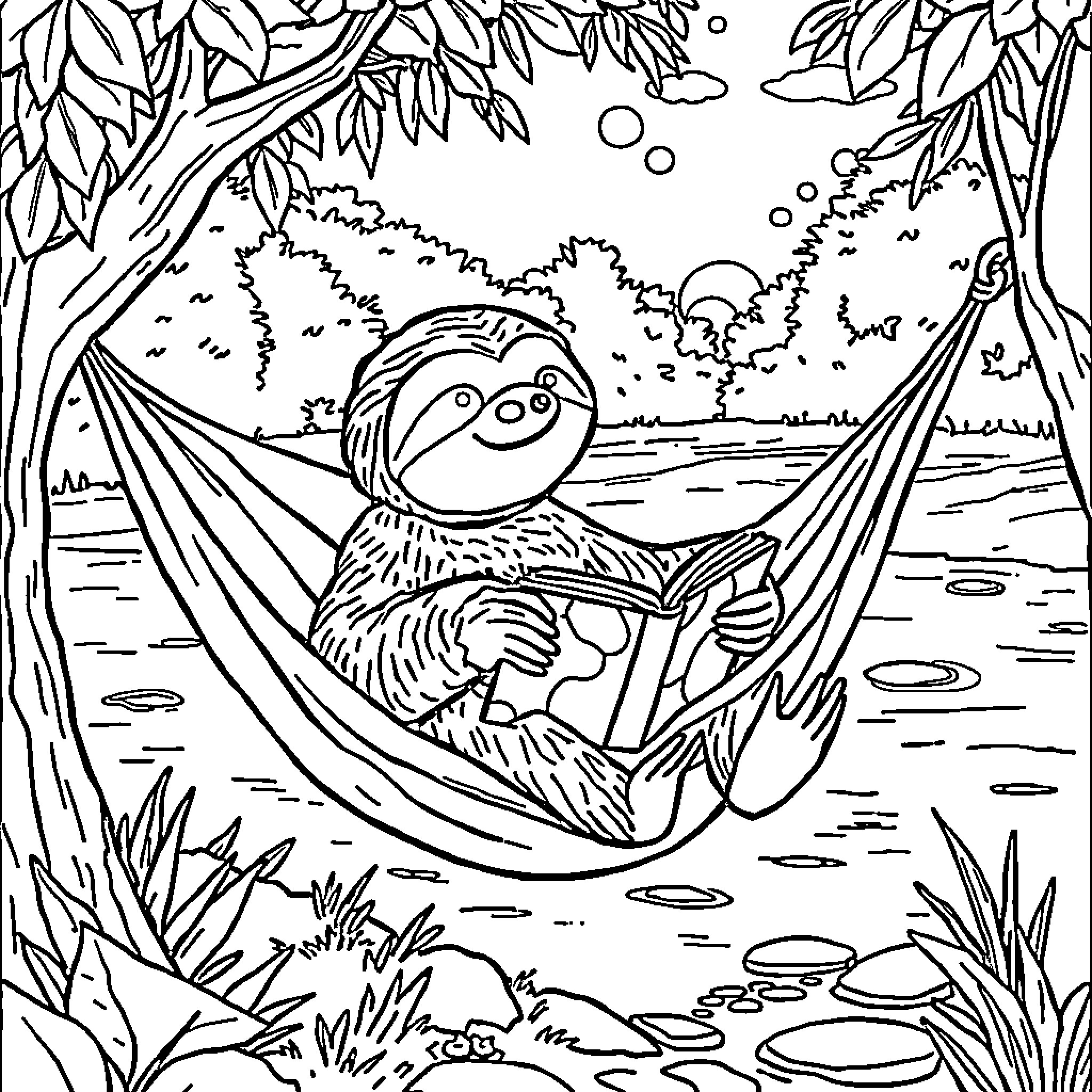 Sloth relaxing peacefully in a hammock Coloring Page (free black-and-white line drawing printable PDF for all, from beginners to advanced learners, including children, teens, adults, and seniors)