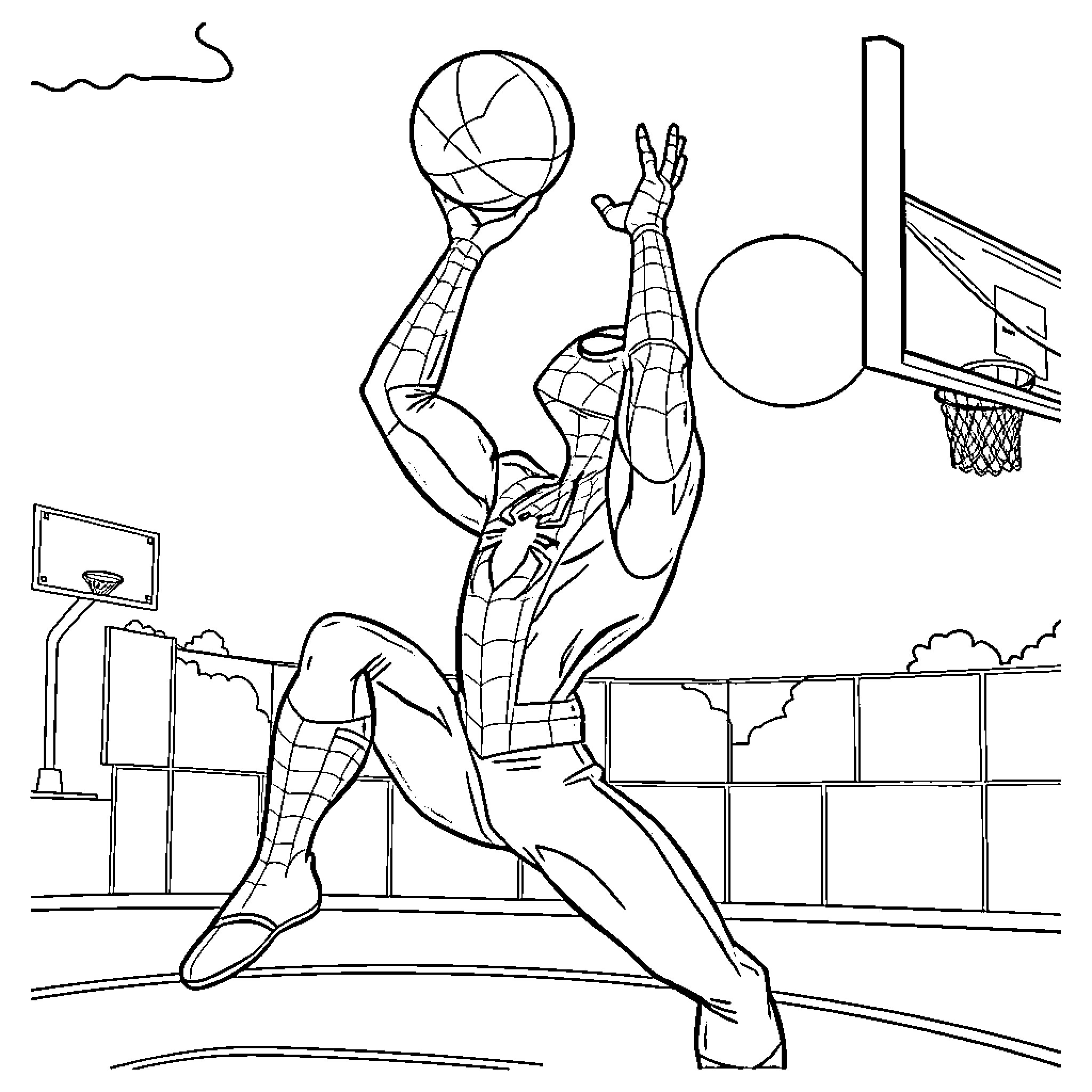 Spiderman performing acrobatic basketball maneuver Coloring Page (free black-and-white line drawing printable PDF for all, from beginners to advanced learners, including children, teens, adults, and seniors)