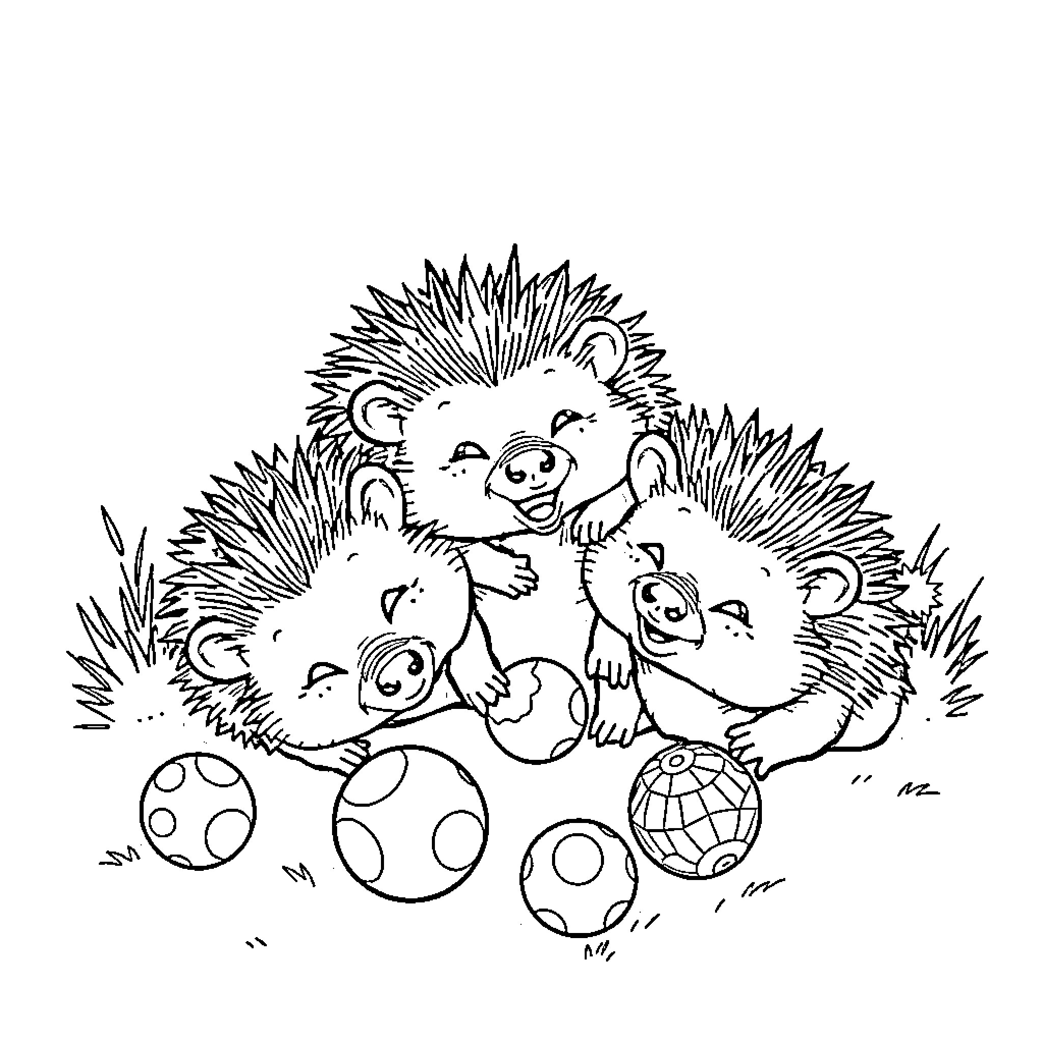 Hedgehogs playing with colorful balls in the grass Coloring Page (free black-and-white line drawing printable PDF for all, from beginners to advanced learners, including children, teens, adults, and seniors)